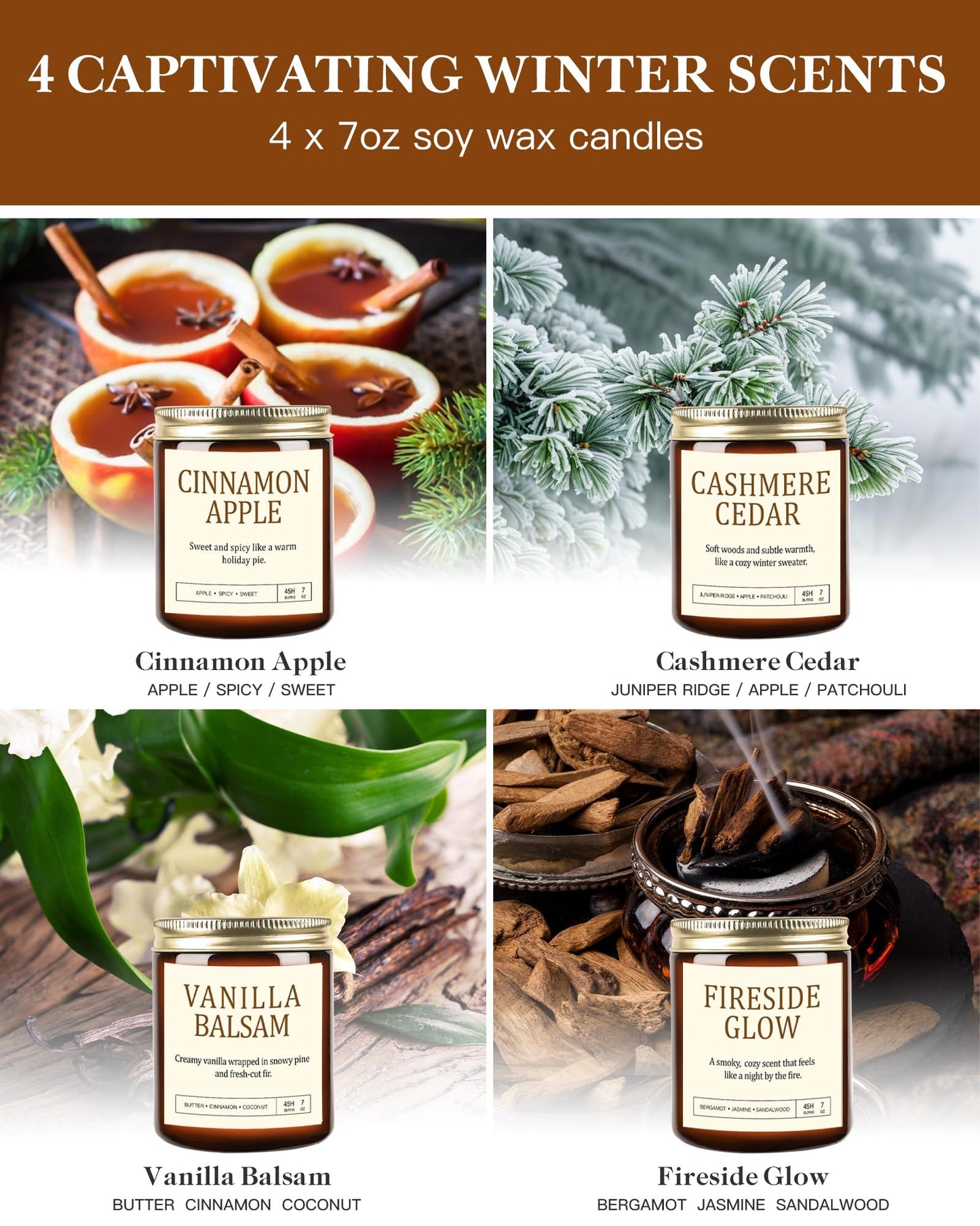Scented Candles Gift Set for Women - 4 Pack Soy Candles for Home Scented, Long Lasting Winter Candle Set with Cashmere Cedar/Fireside Glow/Cinnamon Apple/Vanilla Balsam, Birthday Valentine's Day Gifts
