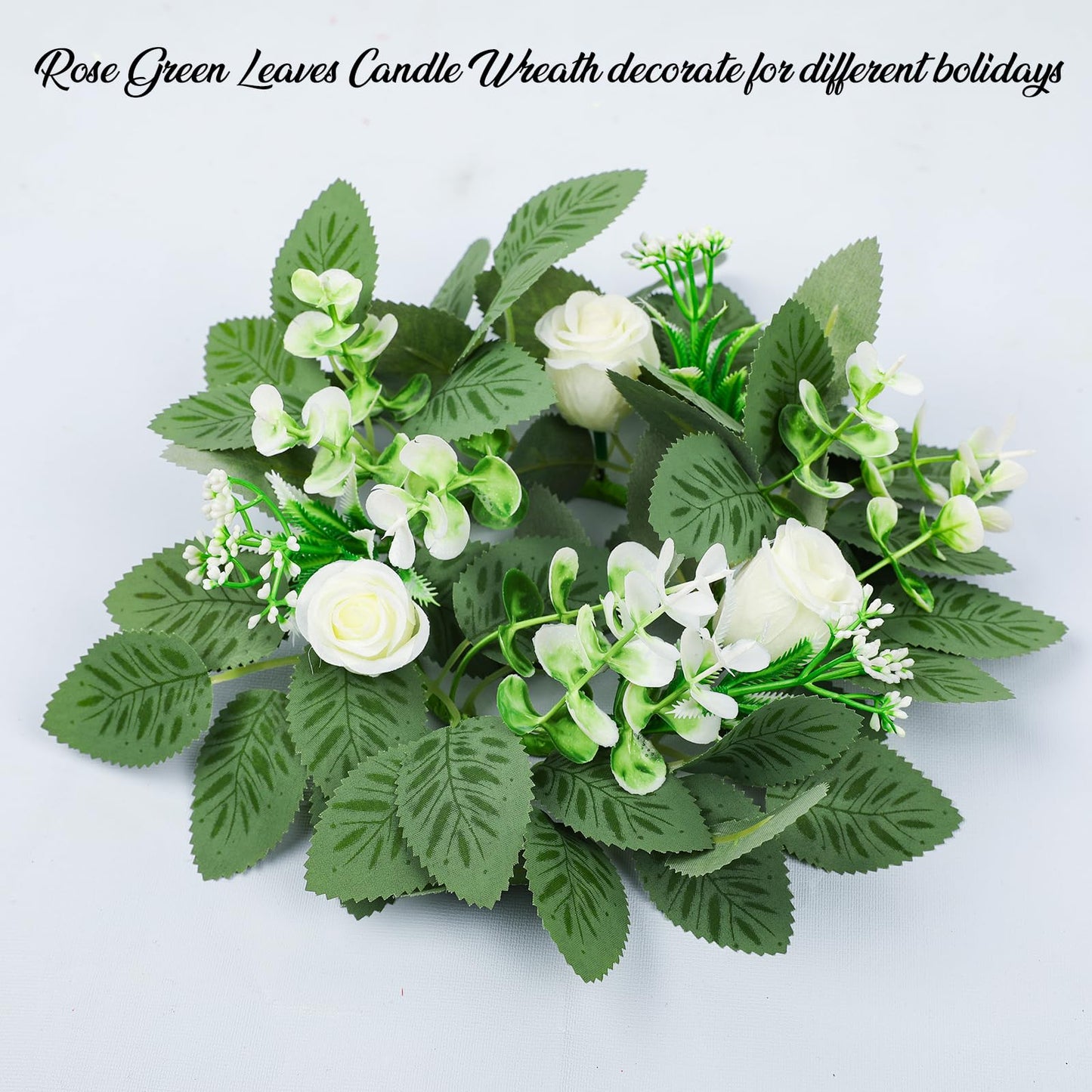 10PCS Wedding Rose Candle Rings Artificial Floral Eucalyptus Leaves Wreaths Faux Candle Rings Summer Greenery Candleholders Garland Pillar Holder for Bridal Shower Bachelorette Party Table Decor