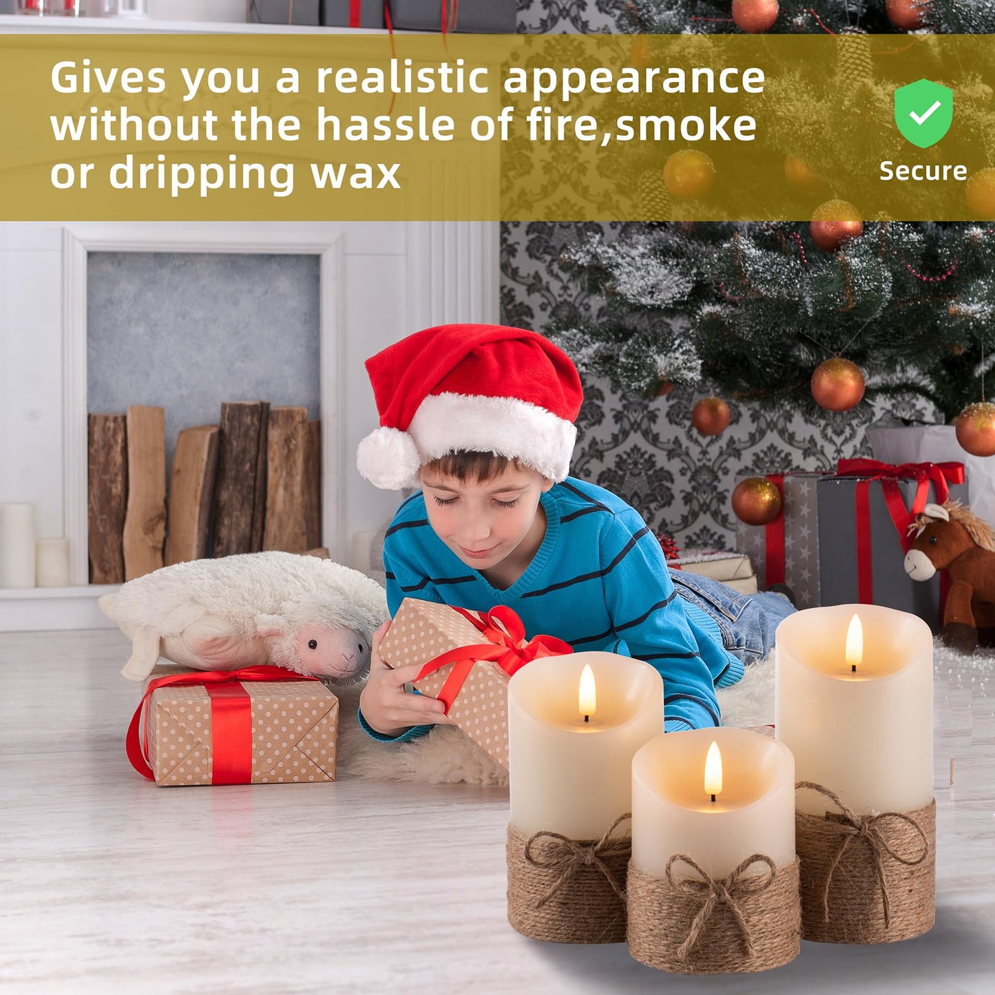 AKU TONPA Flameless Candles Battery Operated Pillar Real Wax Electric LED Candle Gift Set with Remote Control and Timer, 4" 5" 6" Pack of 3, Ivory Wax with Hemp Rope