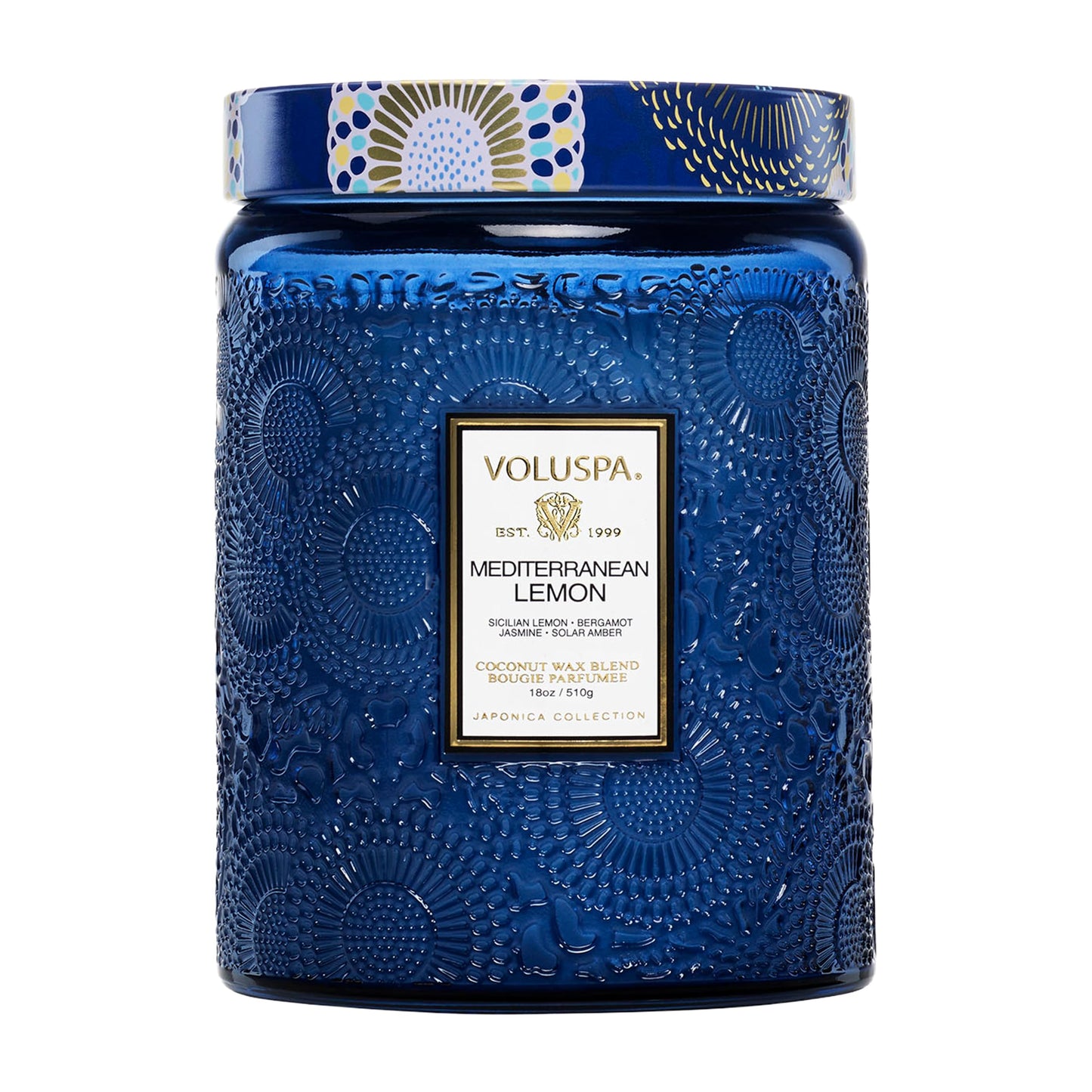 Voluspa Mediterranean Lemon Candle Jar, 18 oz, Coconut Wax Blend, Large Scented Candles for Home, 100 Hour Burn Time, Poured in the USA