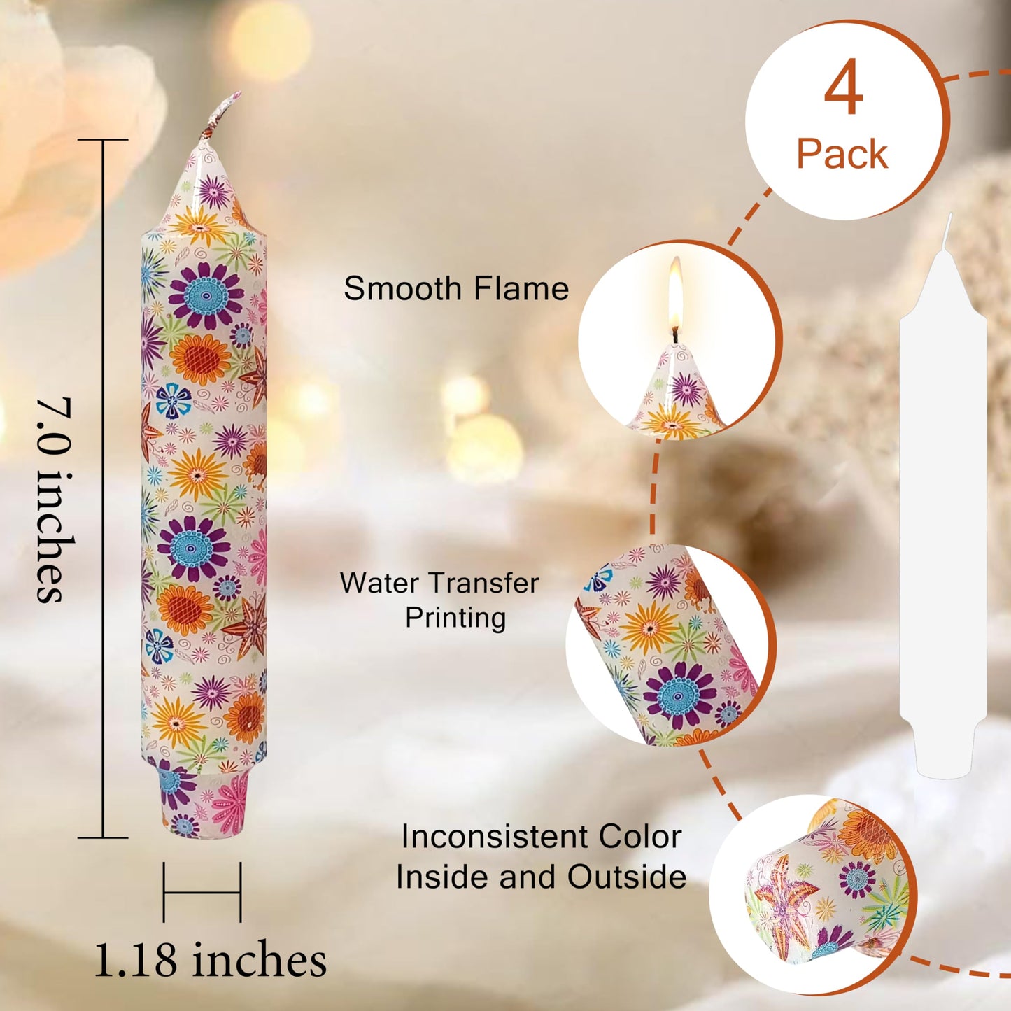 7 inch Short Candle Floral Candle Sticks Printed Candlestick Handmade Unscented Taper Candle 4 Pack Sunflower Tapered Candles for Home Dinner Wedding Holiday
