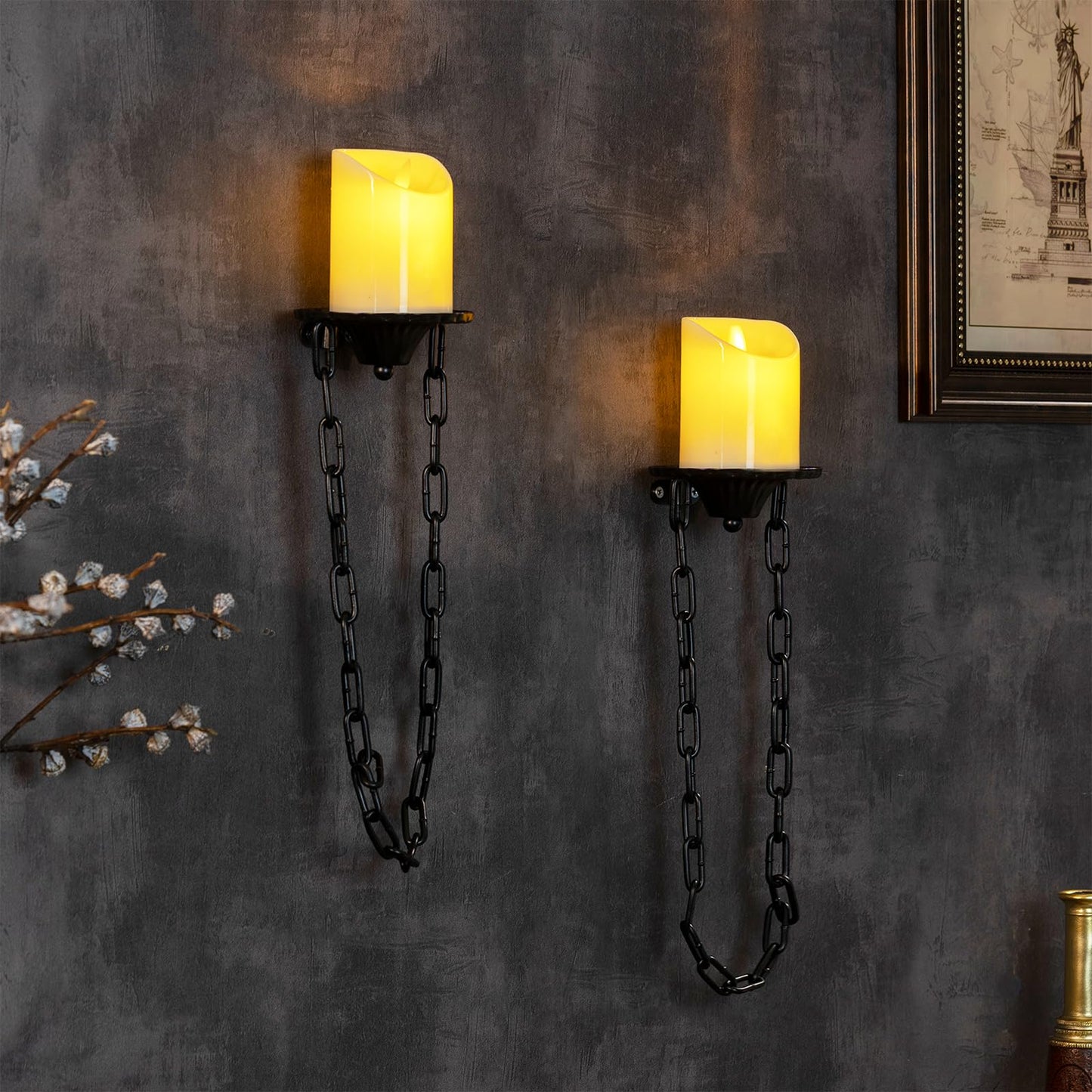 Candle Sconce(Set of 2)-Medieval Metal Wall Decorations-Gothic Retro Chain Wall Candle Sconces-Black Wall Sconces