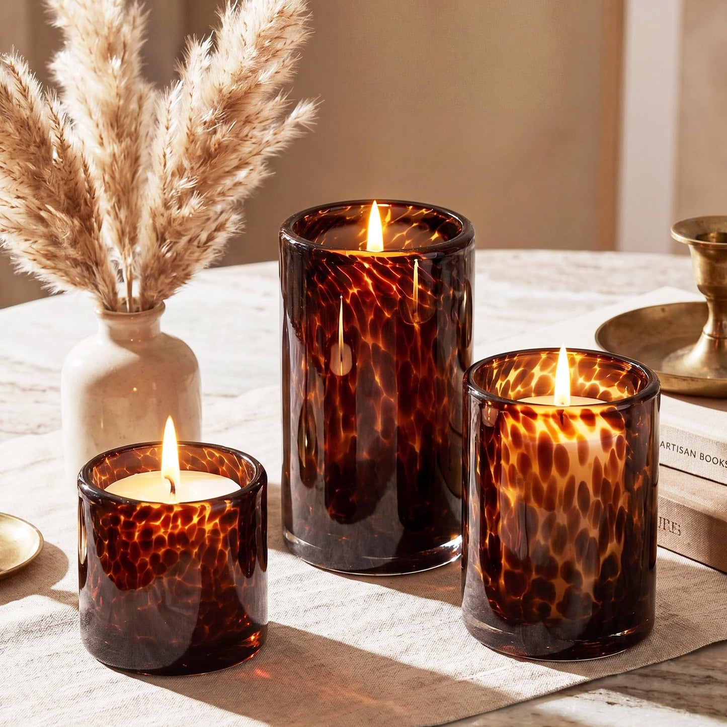 Potchen Set of 3 Tortoise Shell Glass Candle Holder Vase Set 3/4/5" Tealight Pillar Candle Holder Leopard Print Tortoiseshell Cheetah Animal Print for Table Decoration Centerpieces Home Dining Party