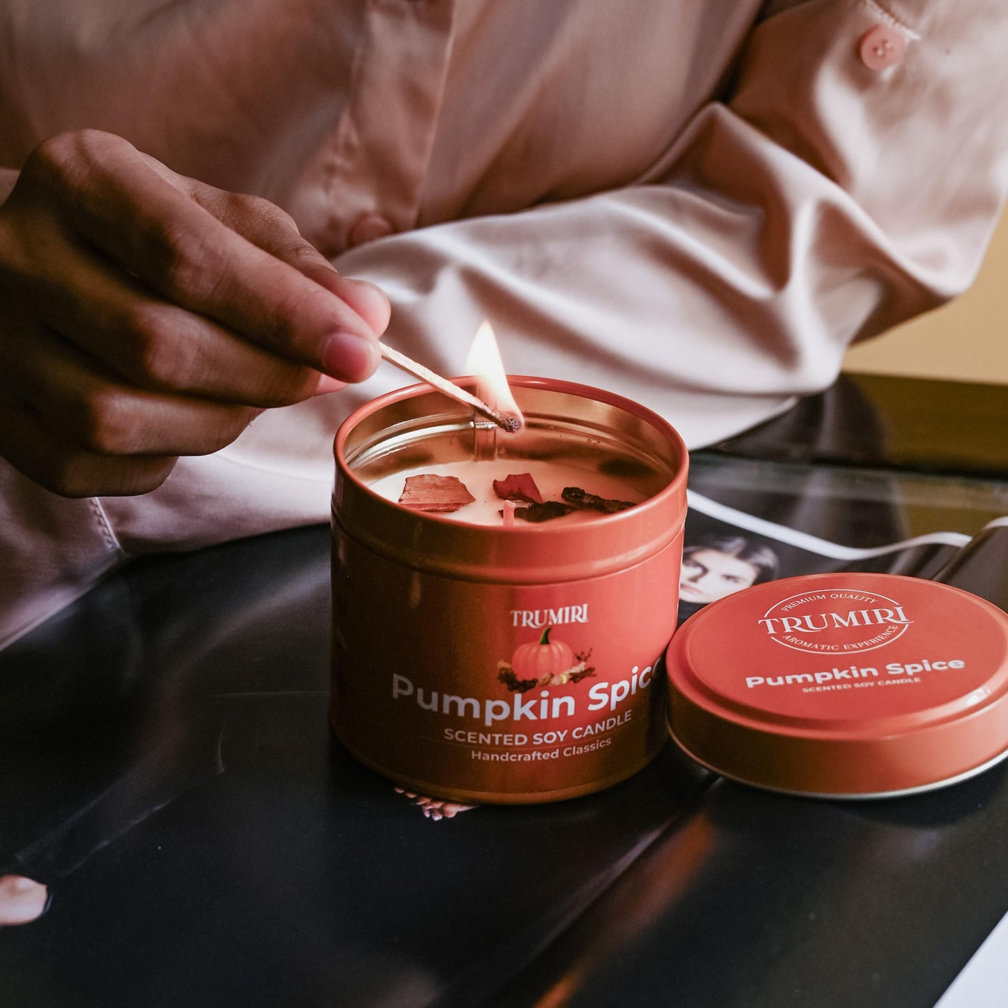 Pumpkin Spice - Cinnamon Soy Candles for Home Scented - for Fall Halloween Thanksgiving Holidays - 5oz Natural Clean Non Toxic Long Lasting Highly Scented Pet Safe Luxury Tin with Essential Oils