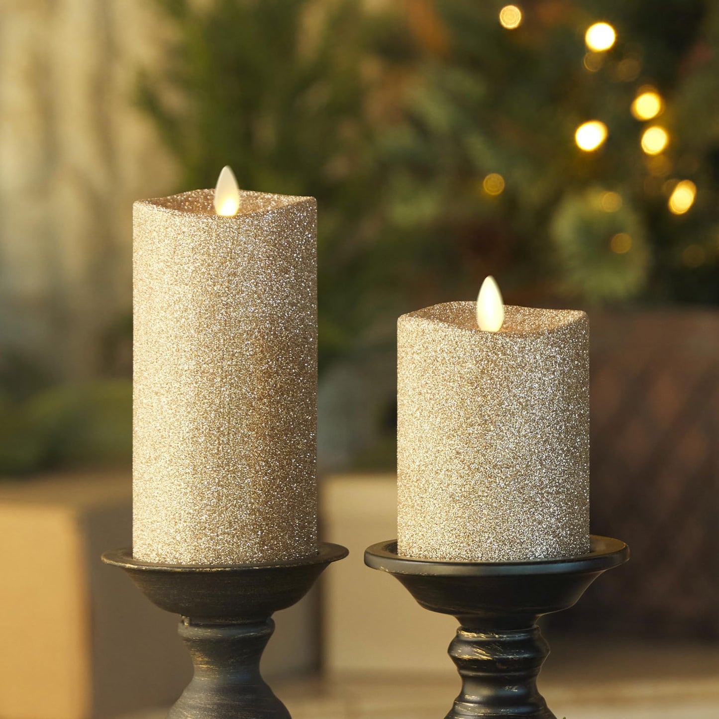Luminara Realistic Artificial Flame Gold Glitter Pillar Candle - Moving Flame LED Battery Operated Lights - Unscented - Remote Ready - Remote Sold Separately - 3" x 6.5"