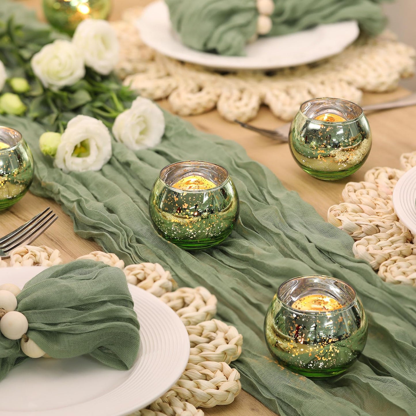 Volens 24PCS Green Votive Candle Holders Bulk, Round Mercury Glass Candle Holders for Tealight - Green Centerpiece Table Decorations for Wedding, Birthday, Party, Bridal Shower and Home Decor