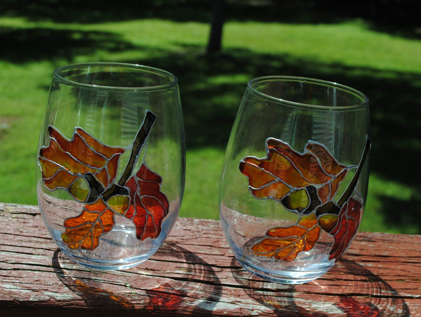 Oak Leaves Acorns Stemless Hand Painted Wine Glasses Set 2 Fall Decor