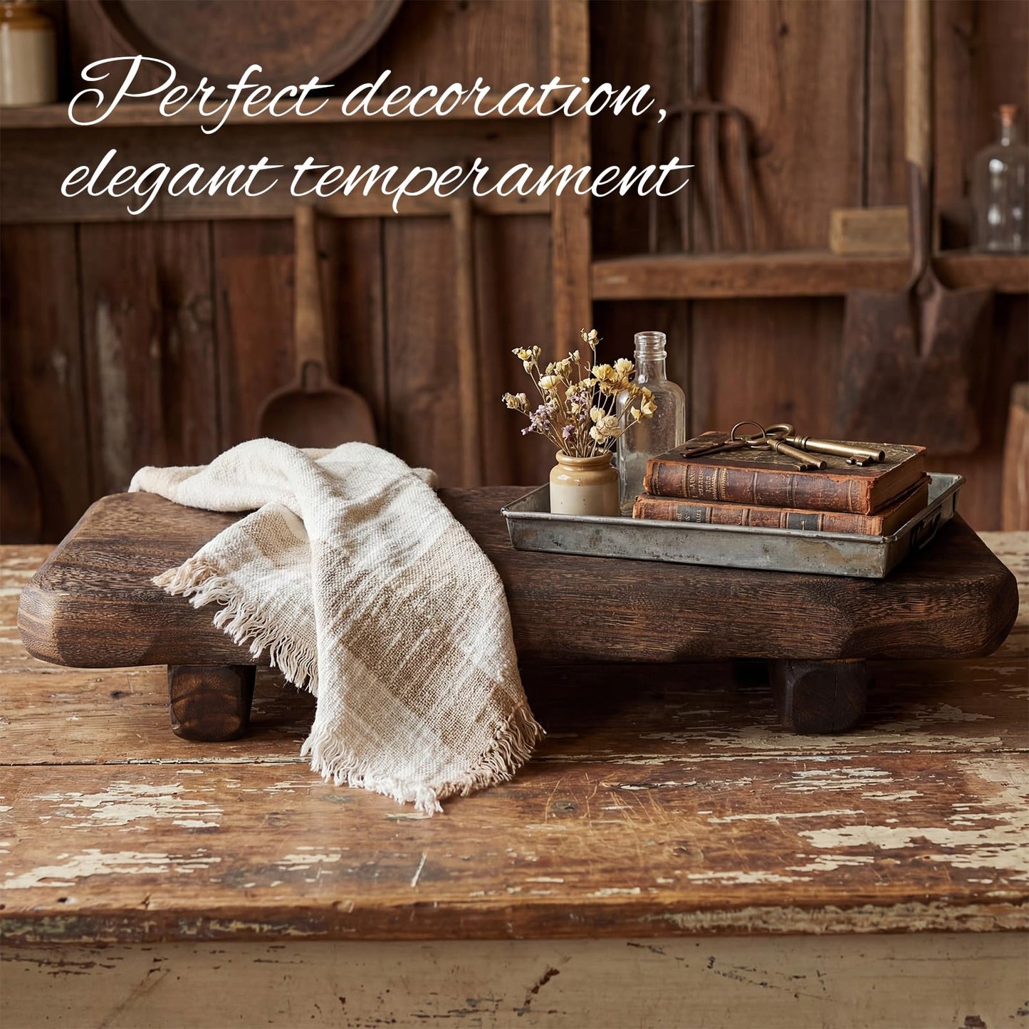 Briwooody 22 x 9 Inch Large Decorative Found Wood Board Farmhouse Wood Riser Pedestal Stand for Kitchen Bathroom Counter, Rustic Wooden Board for Plant, Jewelry, Vanity, Candle