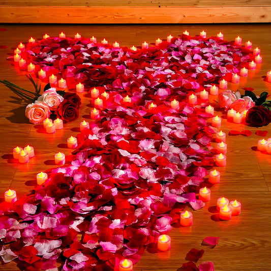 Coume 6000 Pcs Artificial Rose Petals with 72 Pcs Flameless LED Candles Romantic Decorations Fake Candles Anniversary Decorations for Valentine's Day Wedding Night(Red with Red Series Petal)