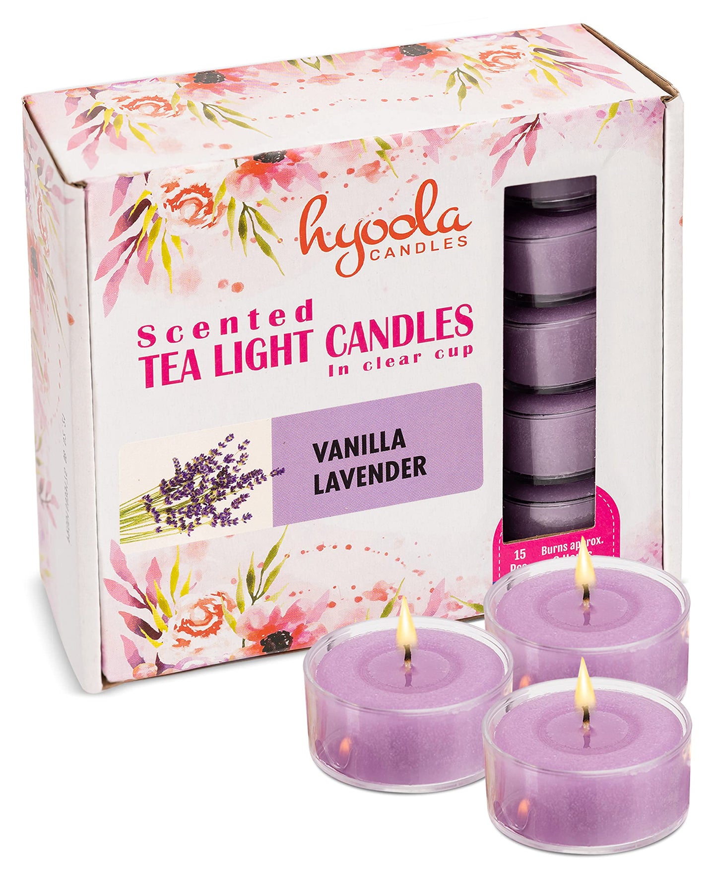 HYOOLA Scented Tealight Candles - Clear Cup - Vanilla Lavender Tealight Candles Scented - 6 Hour Burn Time - 15 Pack - European Made