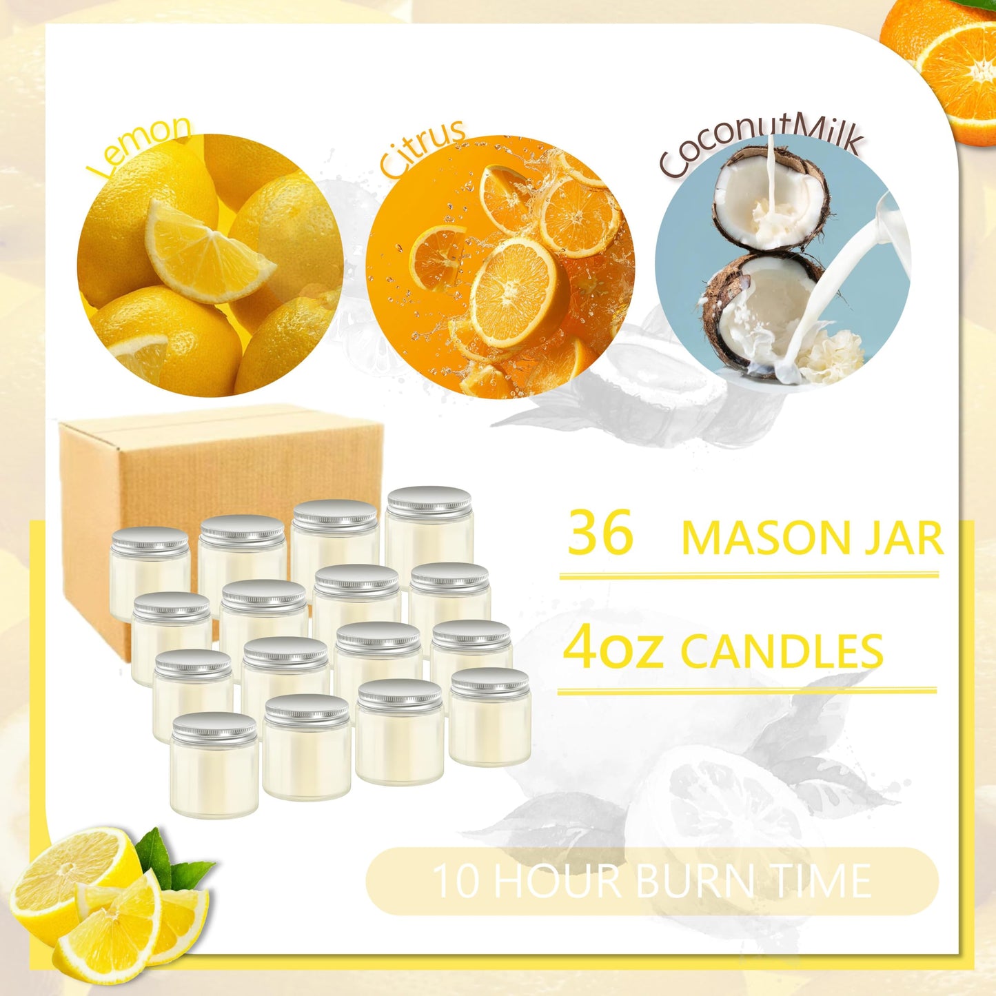 ACITHGL 36 Pcs 4oz Mini Mason Jar Candles Small Scented Candles Bulk Aromatherapy Ideal Souvenir Favors for Wedding Birthday Party (Lemon, Citrus, Coconut Milk, Silver)