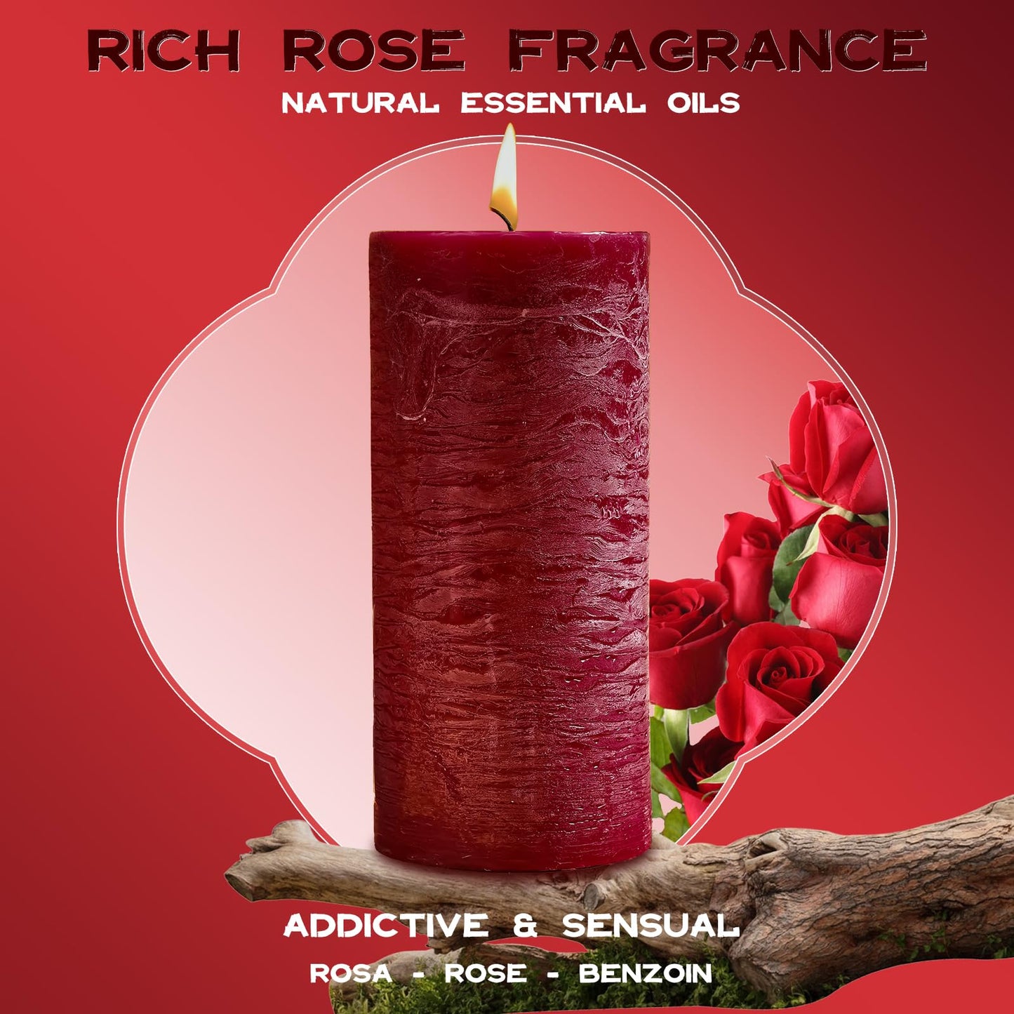Romantic Rose Scented Pillar Candle - 2.8x6 Inch, 75-Hour Burn, Textured Red Rose Scented Candle for Women, Natural Aromatherapy Candle for Home, Gifts for Women, Valentine's & Romantic Decor
