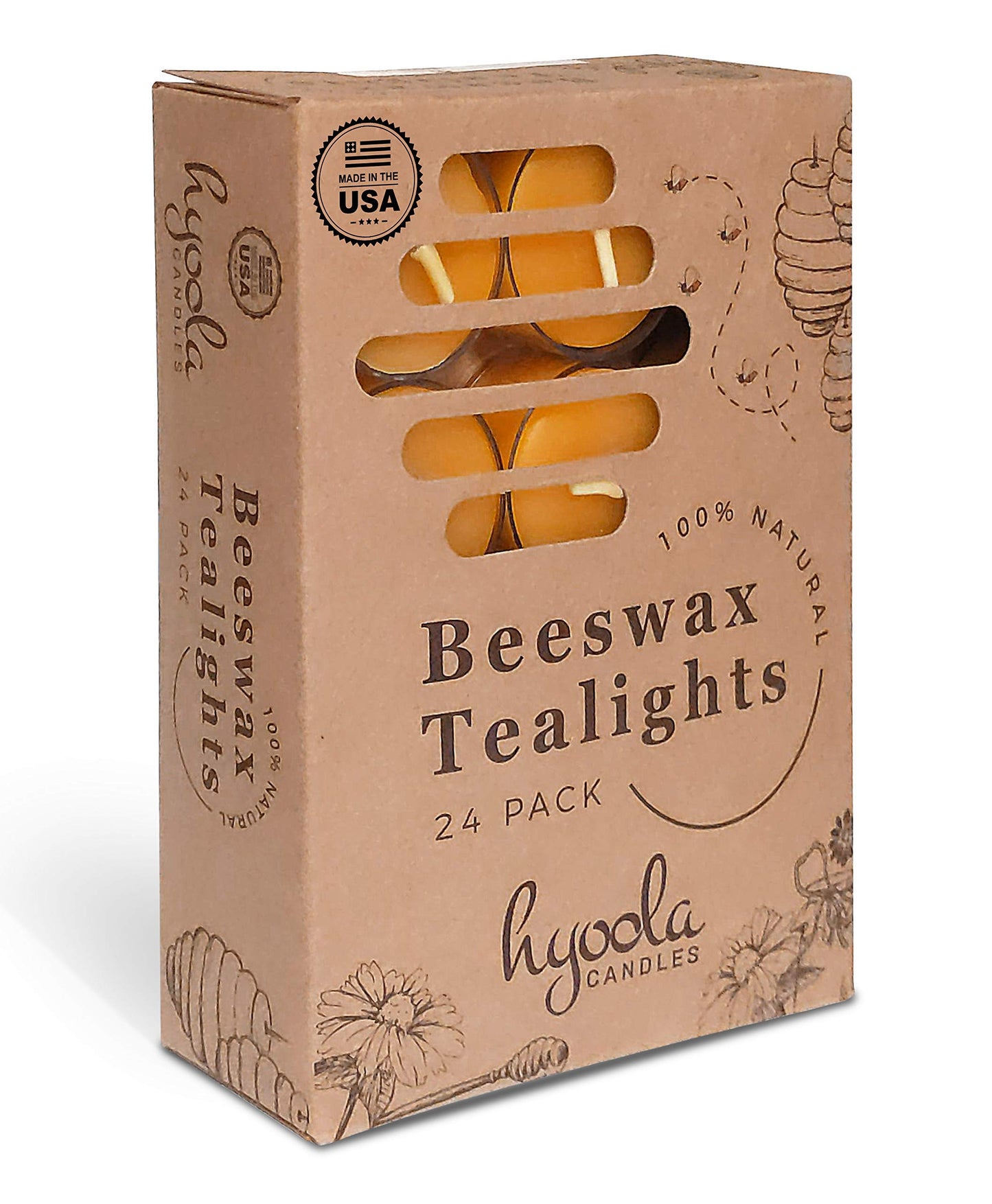 Hyoola Pure Beeswax Tea Lights, Handmade Decorative Unscented, Tealight Candles, 4 Hour Burn Time, Clear Cup (Pack of 24)