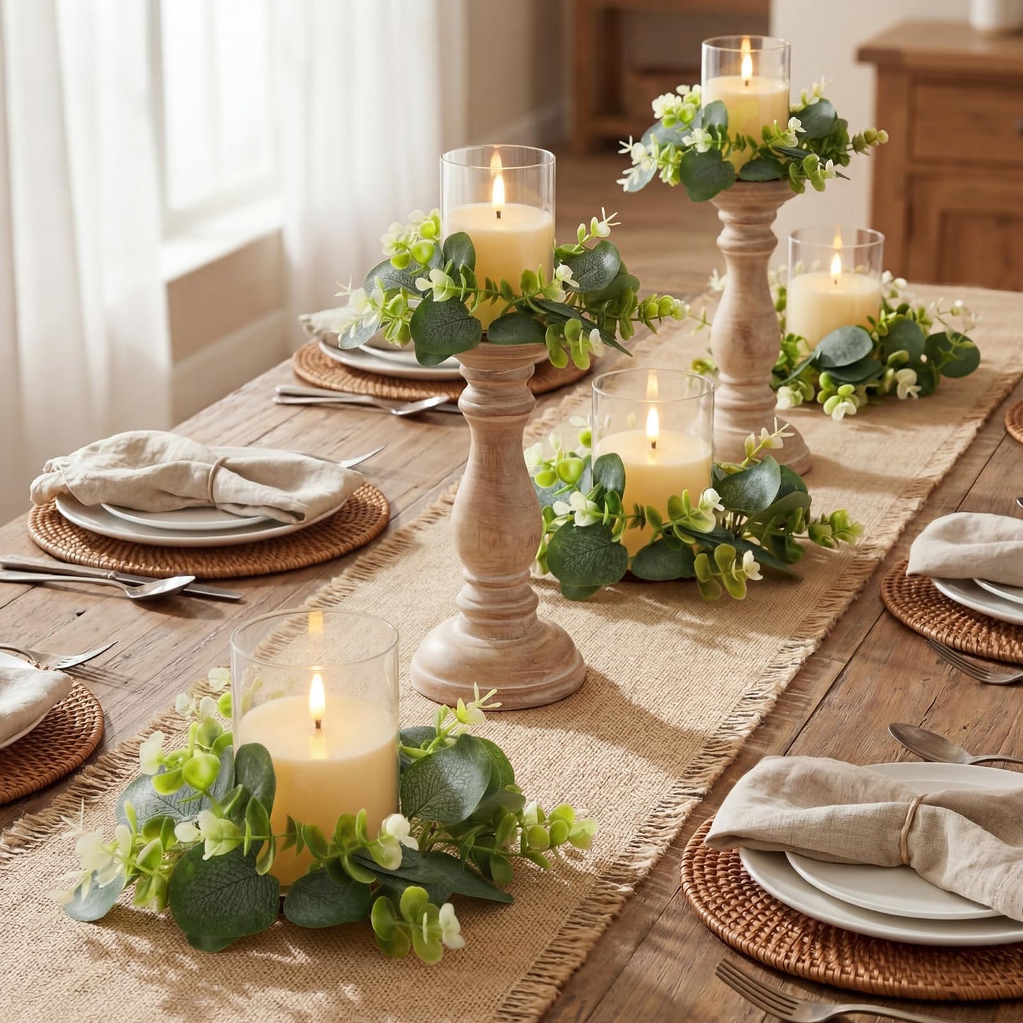 Yunlly 4 Pcs Candle Wreaths Rings Artificial Eucalyptus Wreaths Candle Holder Rings with LED Flameless Candles, 9.5" Wide for Wedding Windows Table Centerpieces, Green and White