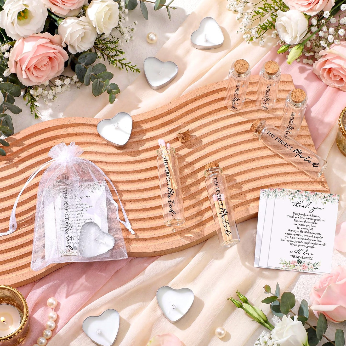 Wovnet 50 Sets Wedding Party Favors for Guests Bulk Including Heart Shaped Candles and Empty Matches Jars with Cork Top Thank You Cards and Organza Bags for Wedding Bridal Shower Party (Flower)