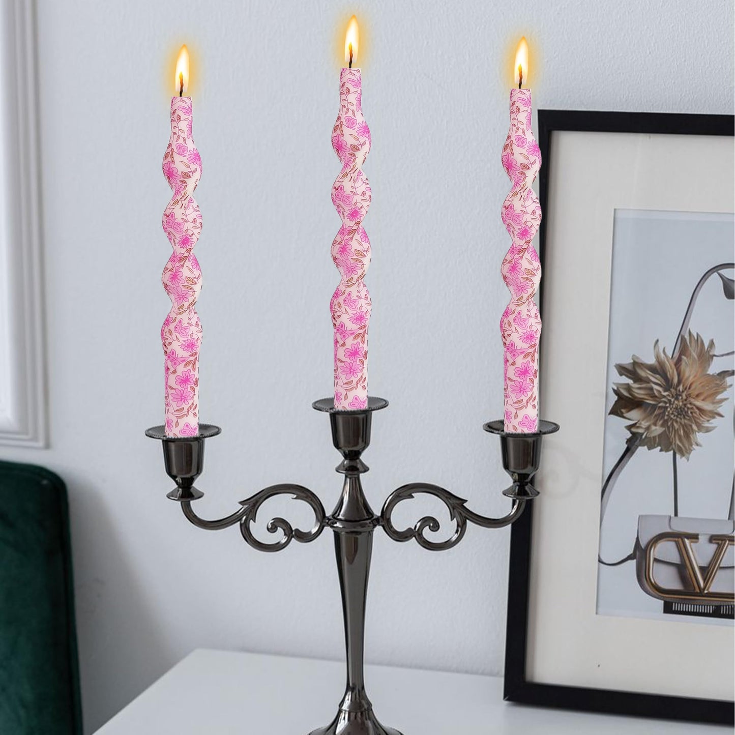 Candle Spiral Candles Pink Flowers Taper Candlesticks 10 in Pink Twisted 2 PCS Unscented Tapered Floral Candle for Home Wedding Dinner Holiday Party