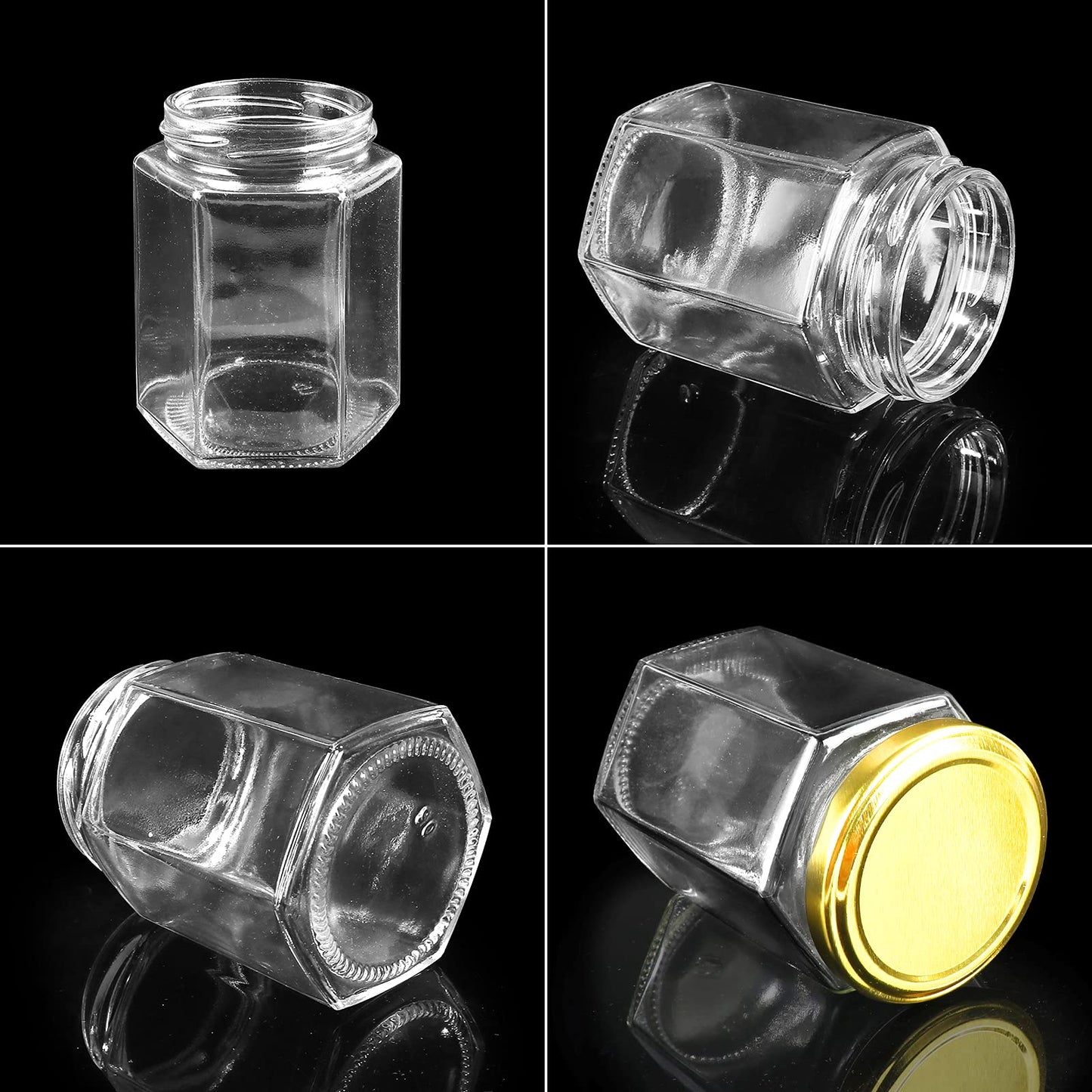 Betrome 30 Pack 6oz Hexagon Glass Jars with Gold Lids, 180ml Clear Glass Canning Jars Honey Jars Spice Jars Mason Jars for Jams, Shower Favors, Wedding Favors, Craft, 1 Pen and Labels Included
