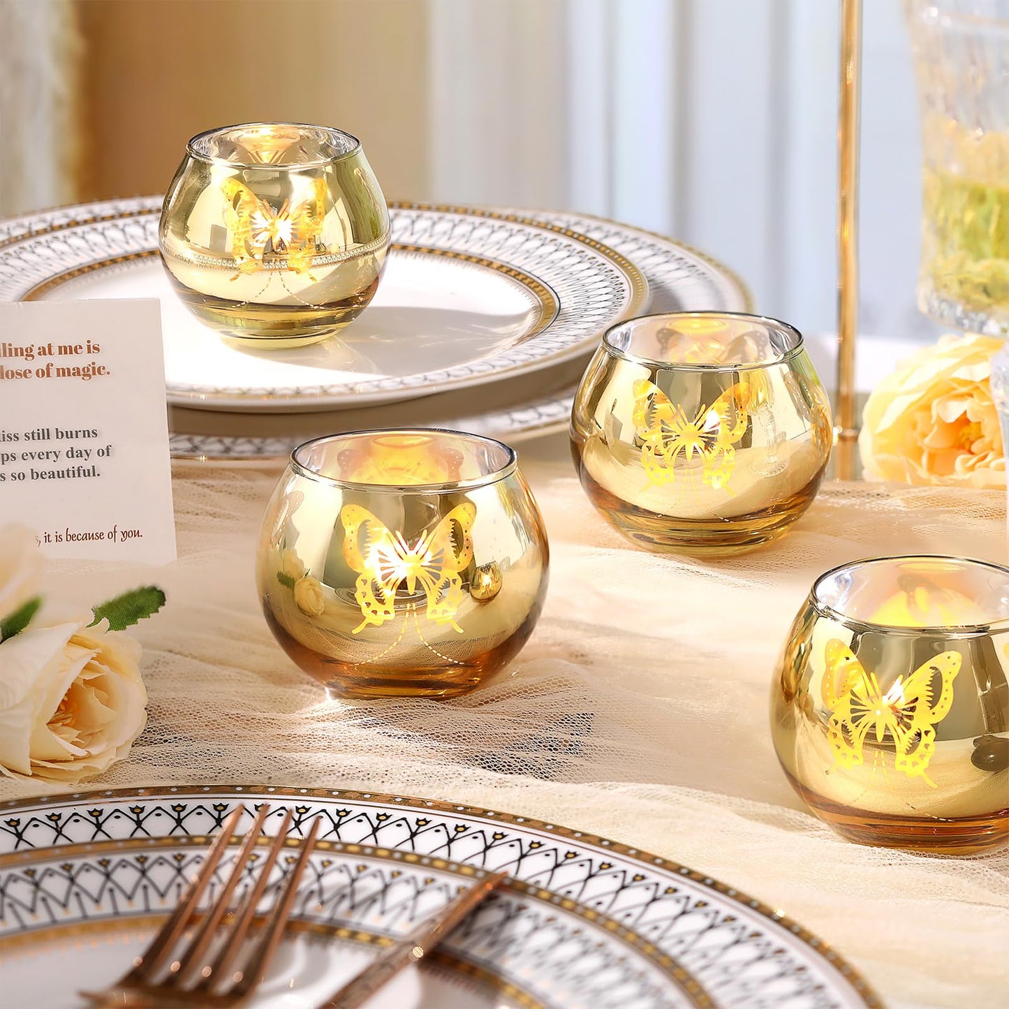 Gold Votive Candle Holders Set, 12 PCS Tea Lights Candle Holder Decorative Bulk with Butterfly Pattern, Candle Holders for Wedding, Birthday, Anniversary, Parties, and Holiday Decorations
