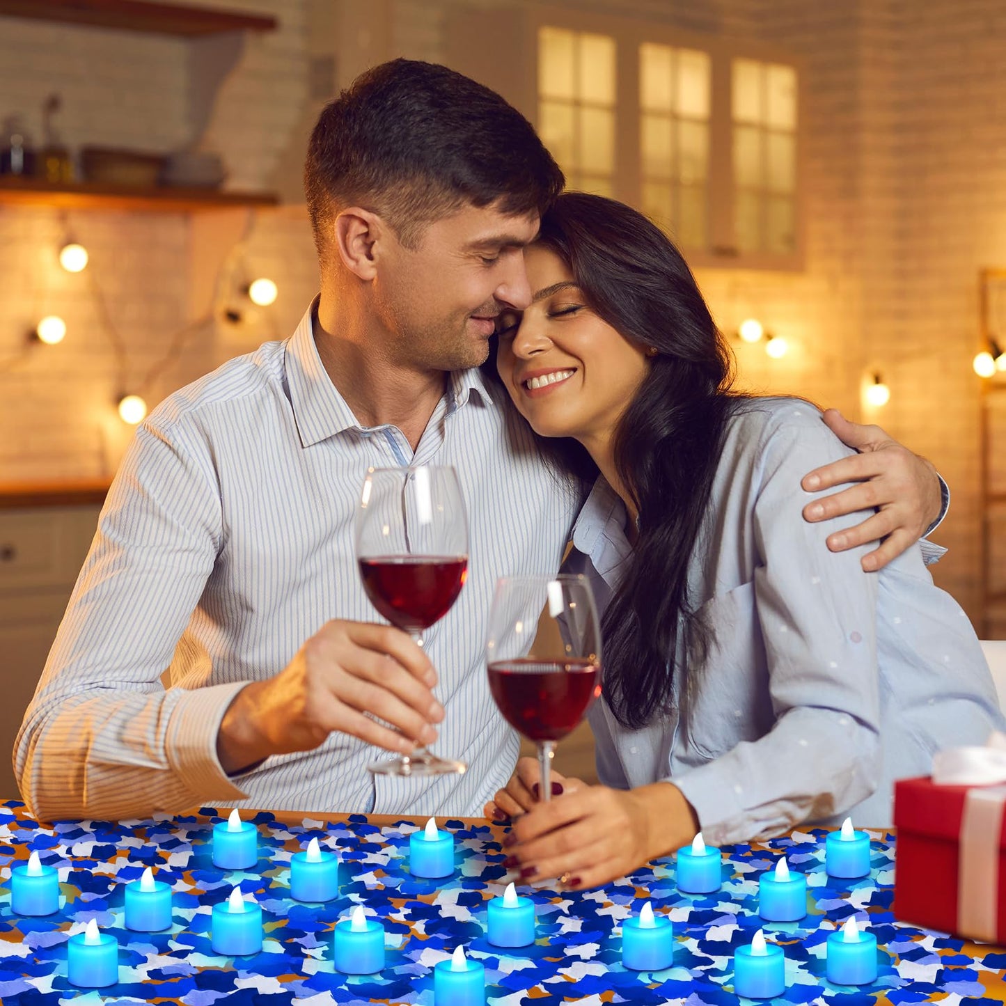 Coume 6000 Pcs Artificial Rose Petals with 72 Pcs Flameless LED Candles Romantic Decorations Fake Candles Happy Anniversary Decorations for Wedding Night (Blue, Blue Series Petal)