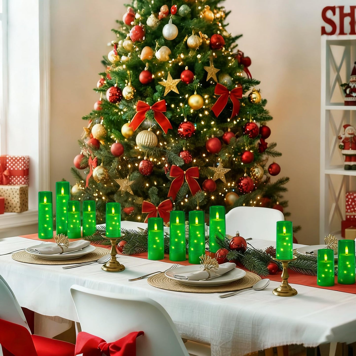 Raycare St. Patrick's Day Flameless Candle with Remote Timer – 9 Flickering Acrylic Battery Operated LED Pillar Candles with Embedded Star String for Home Decor, and as a Gift(Green)