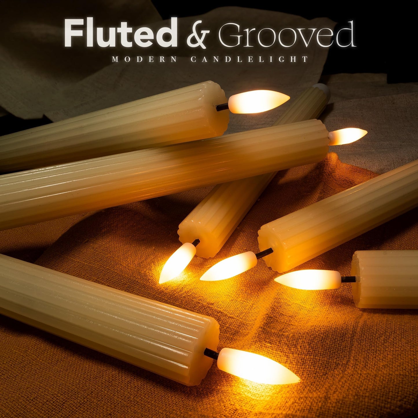 West Ivory 12 Pack, 10" LED Flameless Ivory Fluted Ribbed Grooved Taper Candles with 2 Remotes & 24h Timer Memory, On/Off Button, Dimmable, Flicker Mode, Battery Operated, Christmas Menorah Wedding
