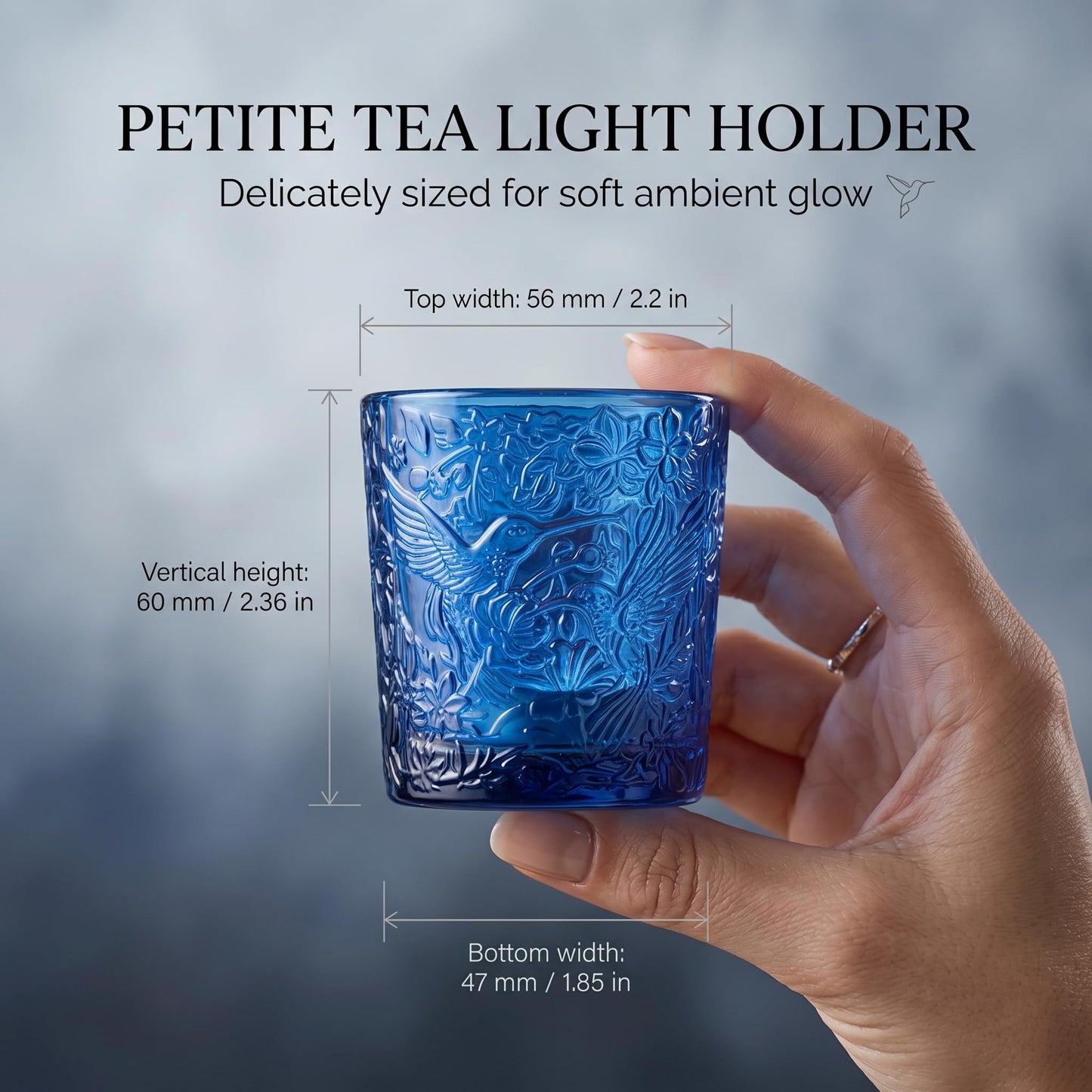 12 Pack Hummingbird Embossed Glass Candle Holders – Votive Tealight Holders with Patent Design, Decorative Embossed Glass Cups for Wedding Centerpieces, Parties, and Home Décor (Ocean Blue)