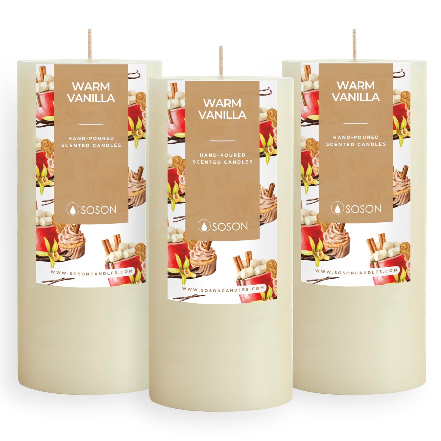 Simply Soson Warm Vanilla Scented Candle Set - 3x6 Ivory Pillar Candles for Home, Aromatherapy, Women, Fall