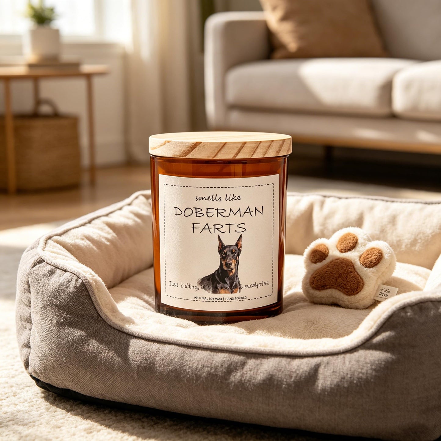 Doberman Gifts & Decor, Doberman Pinscher Gifts, Smells Like Doberman Farts Candle - Lavender & Eucalyptus, Crafted by Natural Soy Wax & Natural Essential Oils