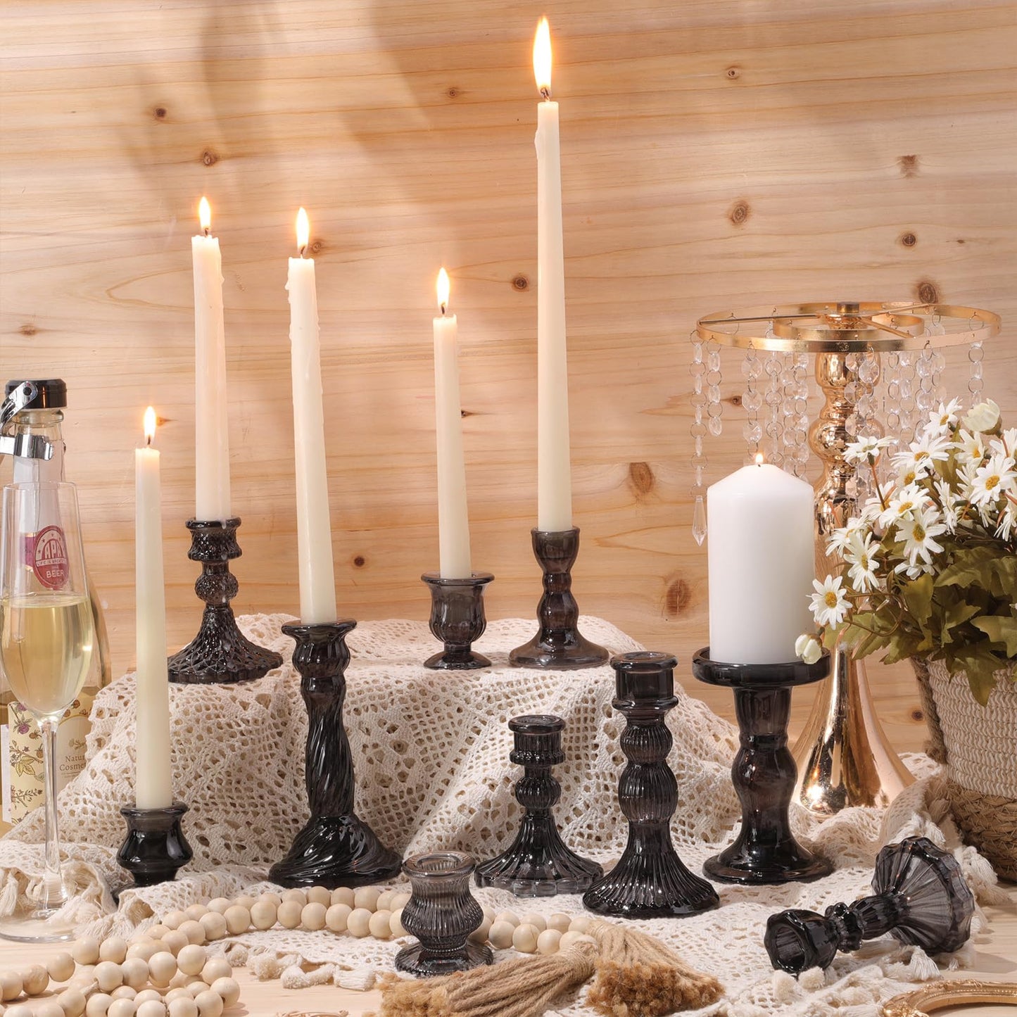 Mumufy 20 Pcs Glass Crystal Taper Candle Holders Clear Glass Candlestick Holder Fit 0.8 Inch Candles Crystal Decorative Candle Stand Centerpiece Table Wedding Dining Party (Black)