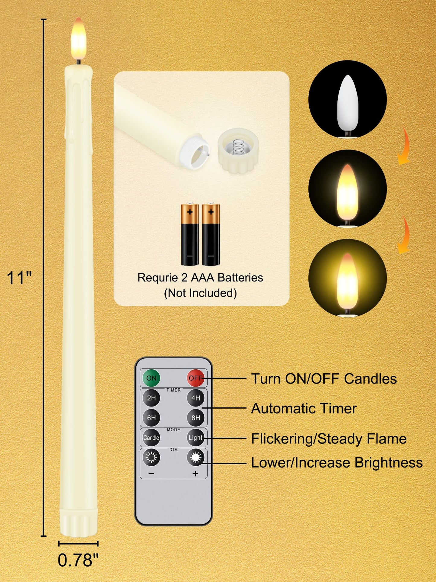 Warmhere 12 Pcs Flameless Taper Candles with Remote Timer, 11" Long Battery Operated Taper Candles, Flickering 3D Flame, Plastic Fake LED Candlesticks for Home Wedding Party Holiday Decor, Ivory