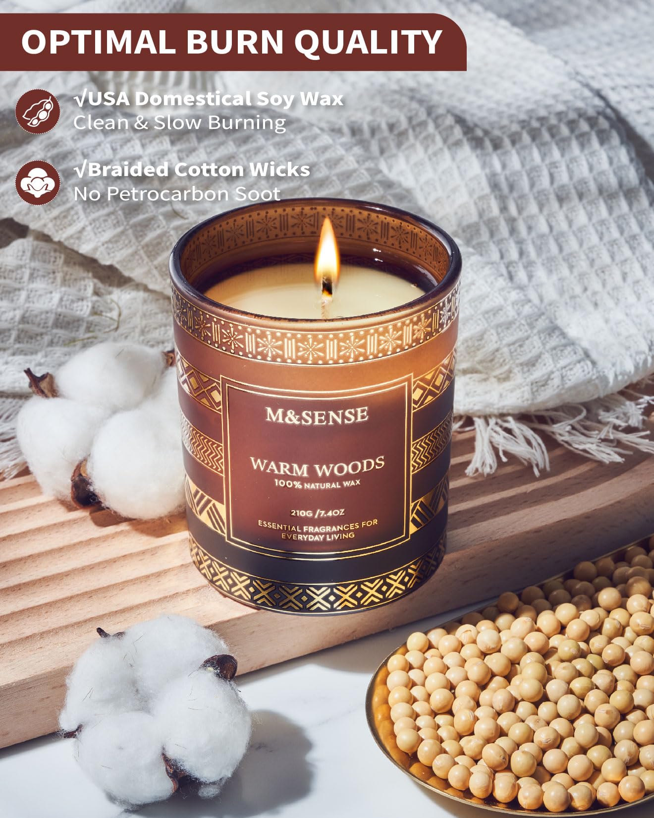 M&SENSE Warm Wood Christmas Soy Candle, 7.4oz 45 Hour Burn Time, Winter Home Fragrance Candle for Men & Women, New Year Holiday Gifts