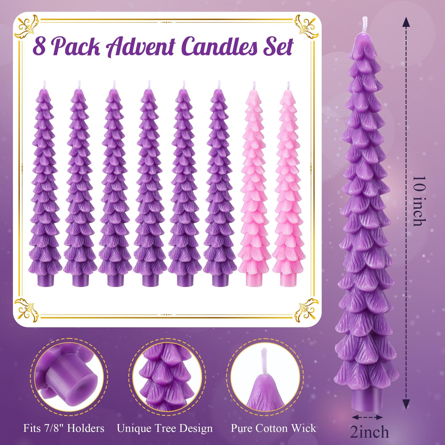 Enhon 8 Pcs Advent Candles Set, 10 Inch Tree Shaped Taper Candles, Unscented Beeswax Christmas Advent Wreath Candle for Xmas, Holiday, Church, Party, or Home Decor (Purple,Pink Style)