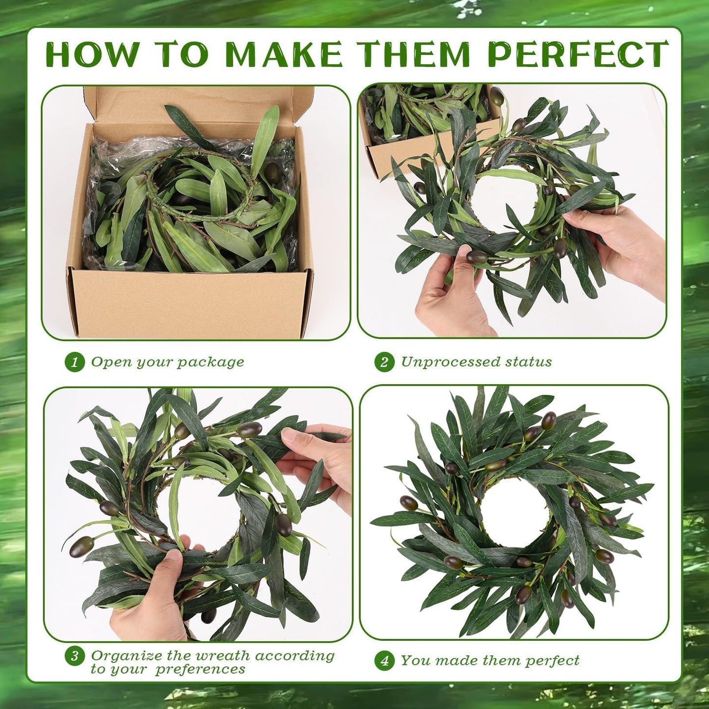 4 Pcs Artificial Green Olive Candle Rings Wreaths Greenery Wreath with Olive Leaves Spring Summer Kitchen Cabinet Wreath for Pillars Farmhouse Festival Wedding Celebrations Tabletop Decoration