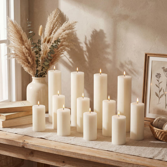 Set of 12 Ribbed Pillar Candles Soy Wax Home Decor Modern White Candles with Cotton Wick for Wedding Home Restaurants Spa Church Decoration