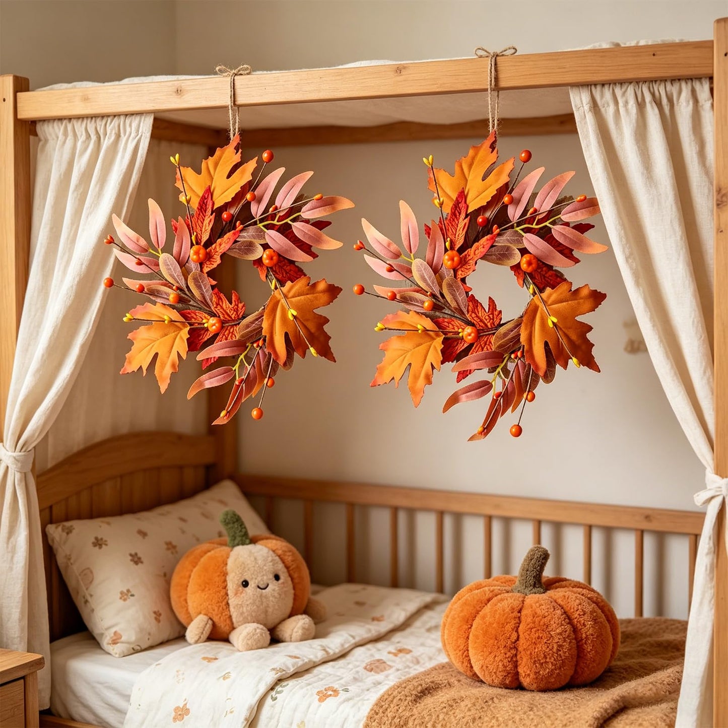 8 Pcs Mini Fall Wreaths Thanksgiving Table Centerpieces Fall Candle Rings 9 Inch Maple Leaf Wreaths for Cabinets Farmhouse Autumn Wreath for Front Door Porch Wall Window Decorations