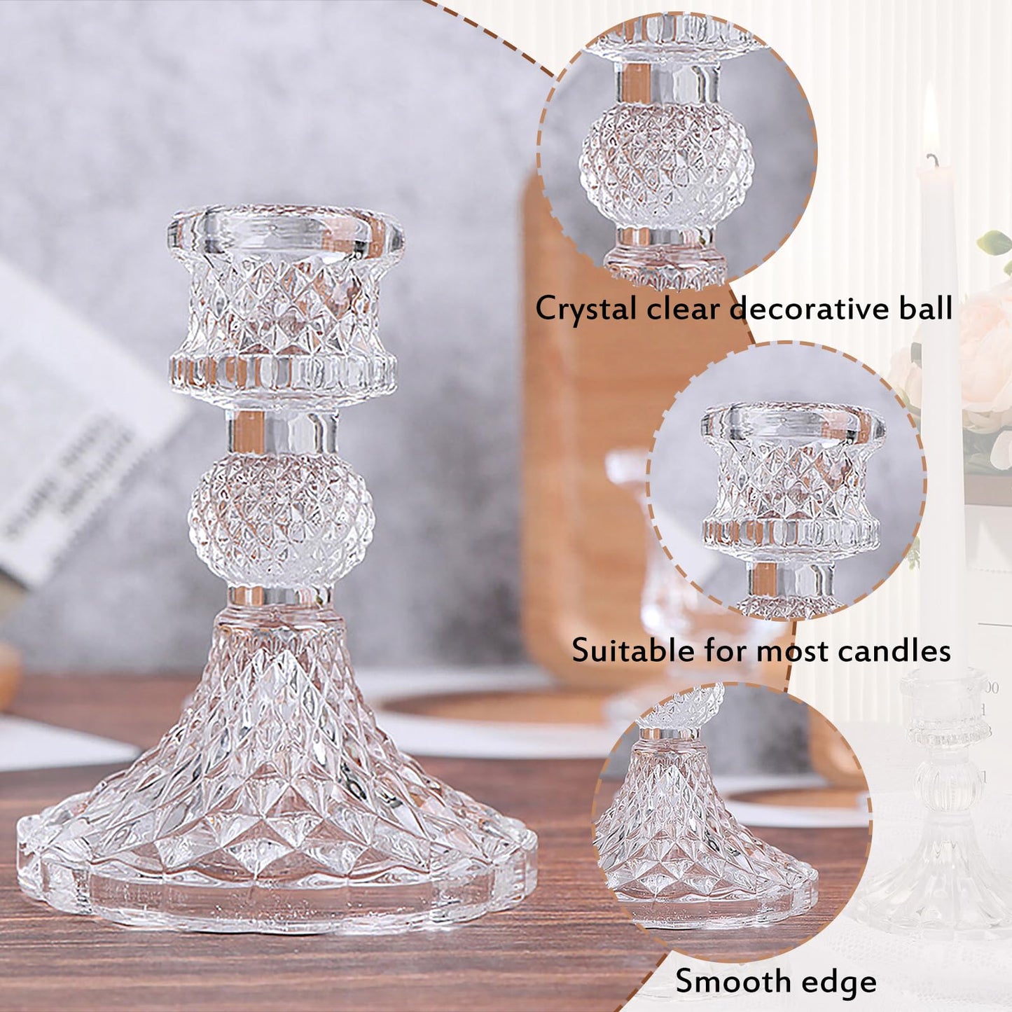 6 PCS Glass Candlestick Holders, Crystal Candle Holders& Glass Candle Holder for Wedding Party Table, Thick Candle Holders for Rustic, Party Supplies, Anniversary, Dining Room Table, Valentine's Day