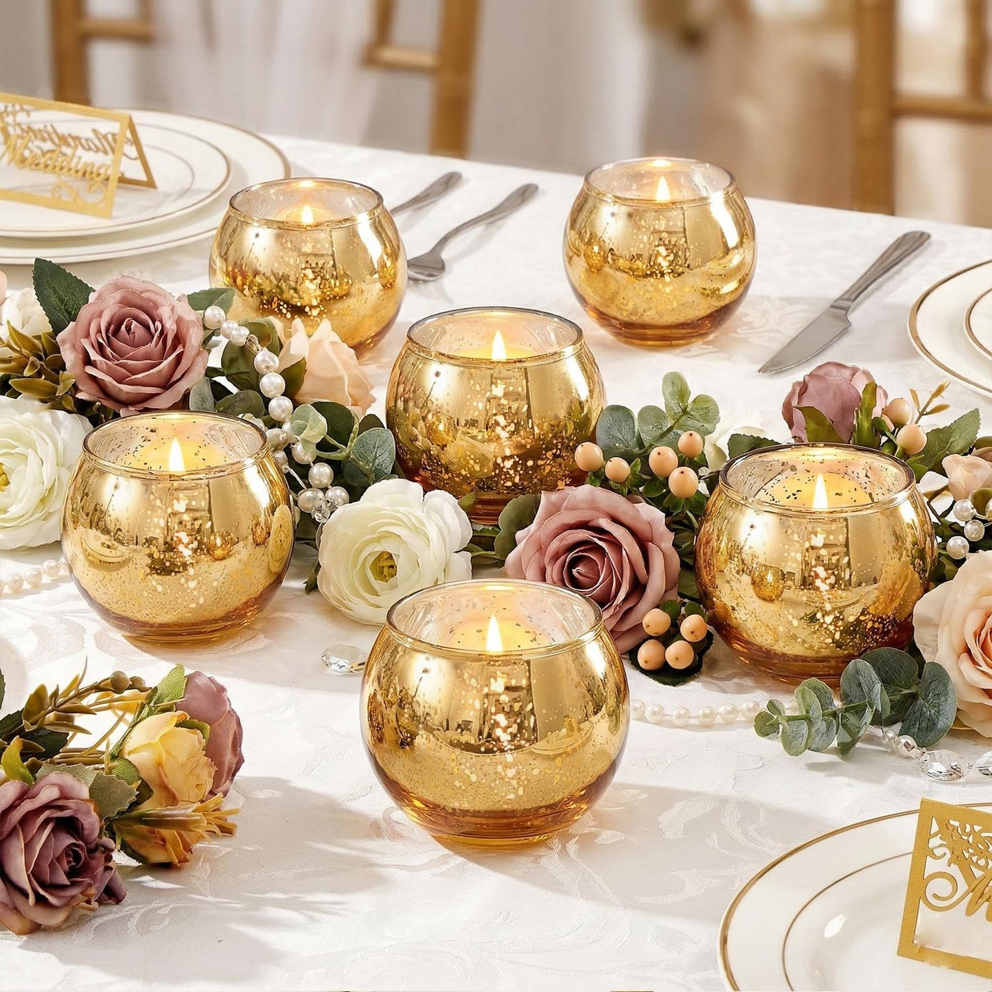 LAMORGIFT 24 Pcs Gold Votive Candle Holders -Gold centerpieces for Wedding Table Decor, Mercury Tealight Candle Holder for Bridal Shower, Engagement, Birthday Party Decorations
