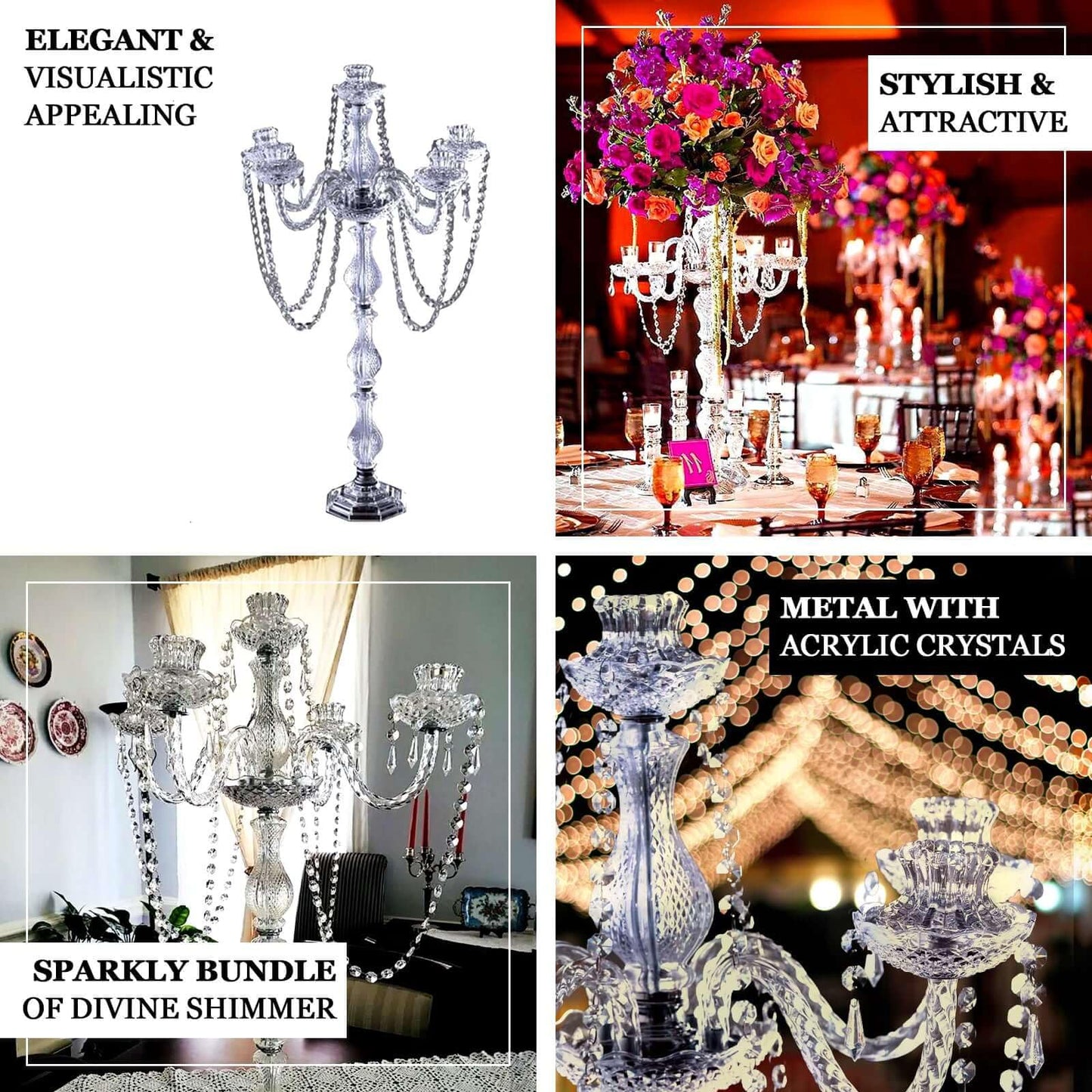 Efavormart 4-Arm Crystal Chandelier Candelabra 35" Silver - Metal Taper Candlestick Holder Table Centerpiece for Events