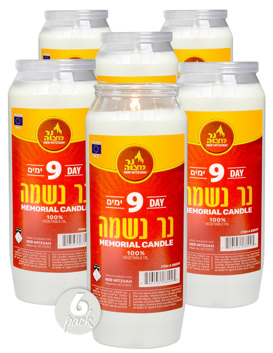 Ner Mitzvah 9 Day Yartzeit Candle - 6 Pack Kosher Yahrtzeit Memorial and Yom Kippur Candle in Plastic Holder