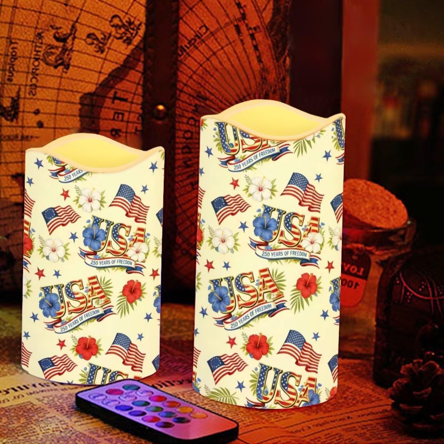 Uorisanigo 250th Years of American Freedom Flameless Candles Set of 4 Patriotic Floewrs LED Battery Operated Fake Candles Red White Blue Flag Electric Candles for Independence Day Decorations