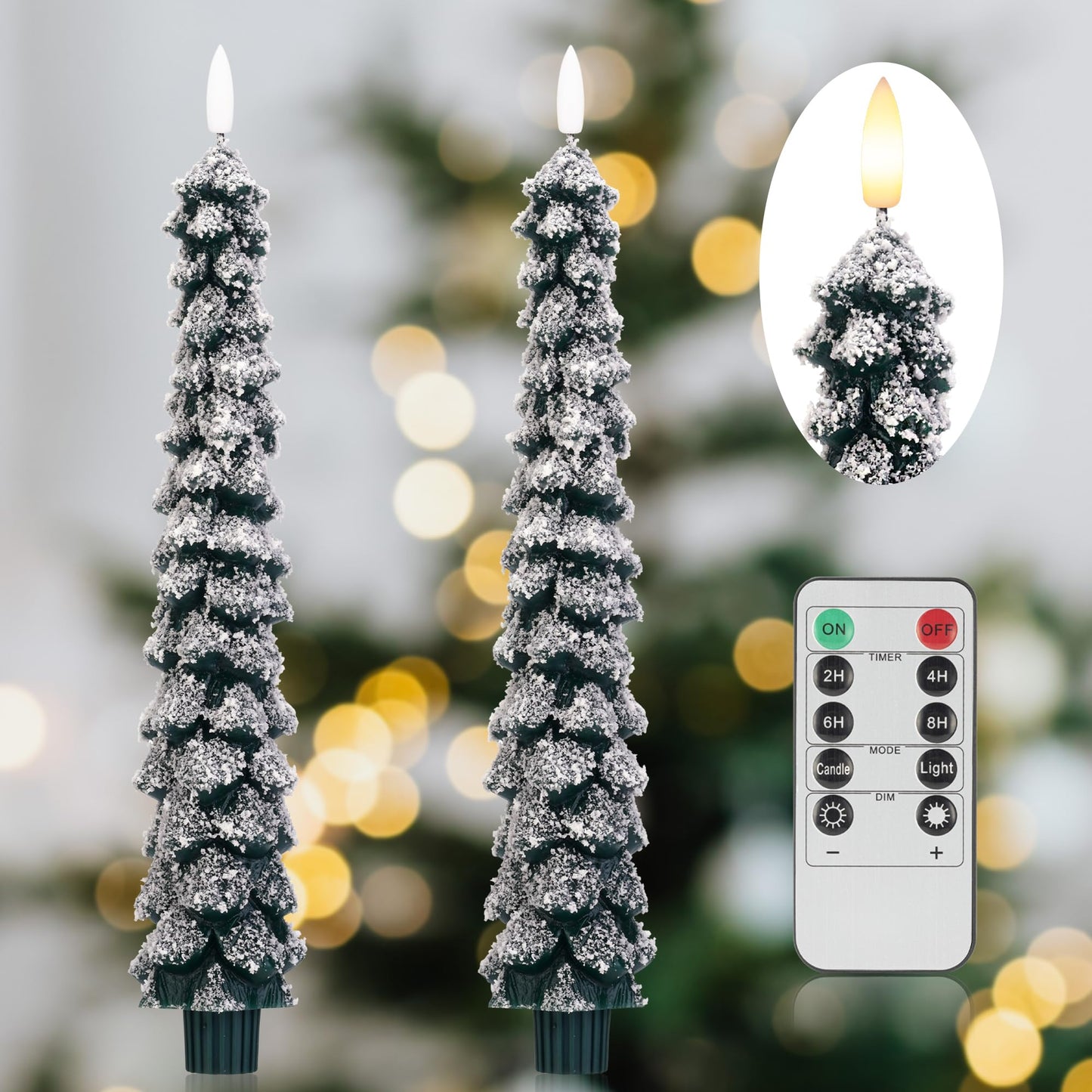 AFINETH Christmas Tree Candles with 3D Wick, 11.4" Green Real Wax Flameless Taper Candles with Remote, Flickering LED Xmas Candlesticks Battery Operated Candle for Home, Party Decor, 2 Pack