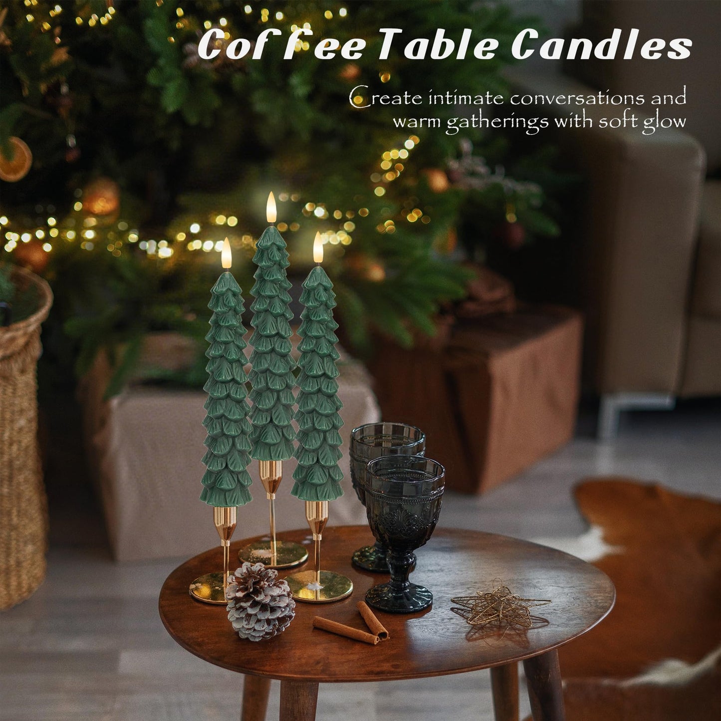 JOIONE Christmas Tree Flameless Taper Candles with Remote 3 Packs, Battery Operated Real Wax LED Candlesticks with 3D Flickering Flame, Perfect for Holiday, Christmas and Home Decor, Green