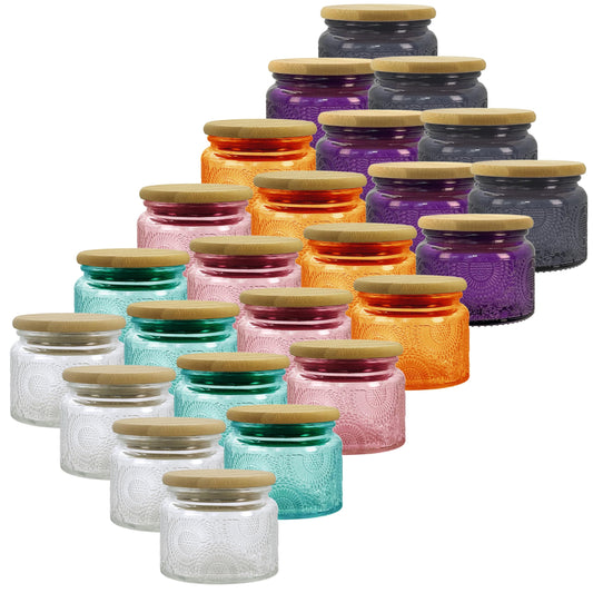LINGSHINE 4 oz Colored Mini Glass Jars with Airtight Bamboo Lids 24 pack, Decorative Small Food Storage Canister, Vintage Embossed Home Décor Candle Parties Wedding Baby Shower Favors Gift