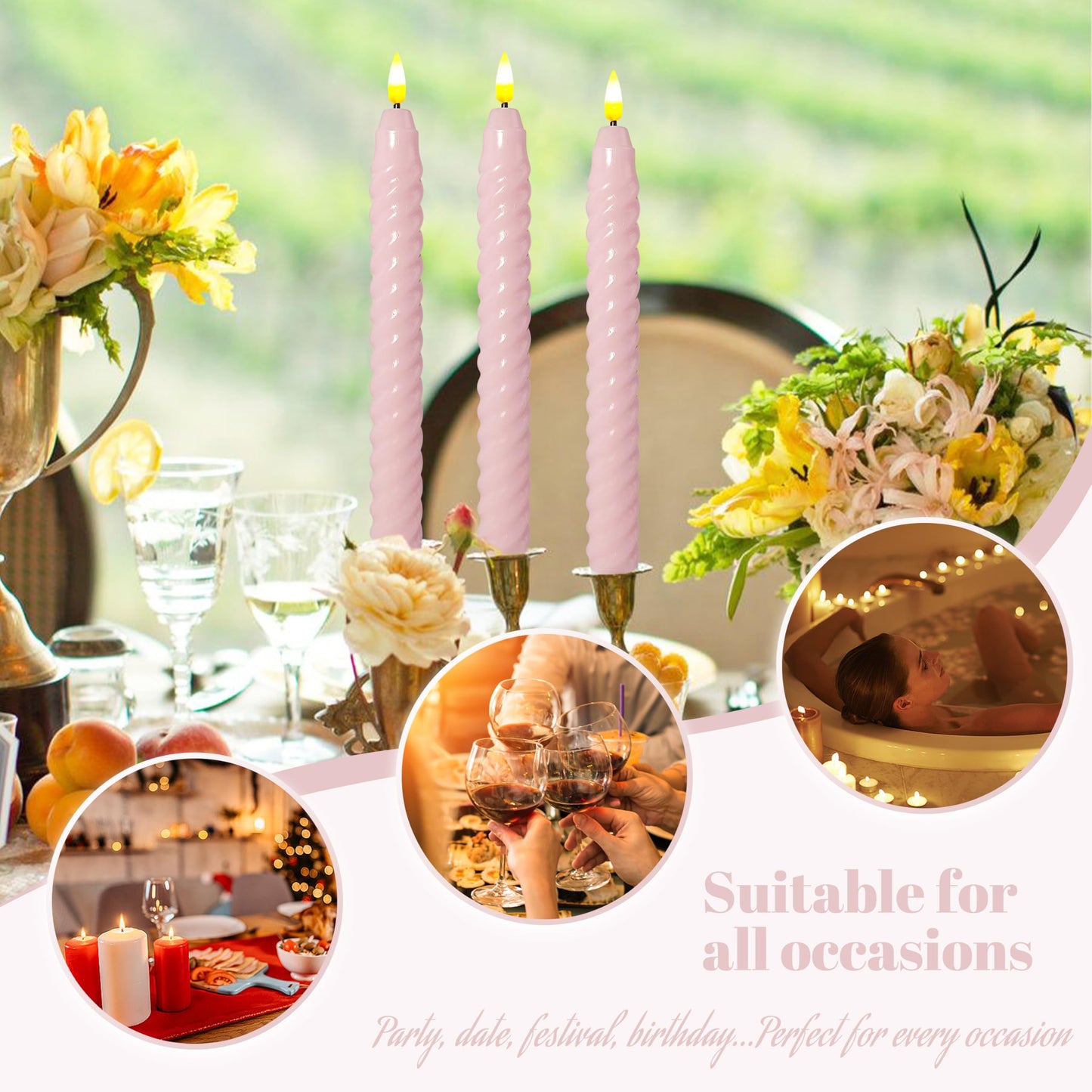 FCMSHAMD Pink Spiral Flameless Taper Candles, 9.8 Inch Flickering Candles with Remote and Timer, Real Wax Candlesticks LED Battery Operated 3D Wick for Wedding Party Home Decor, 6PCS
