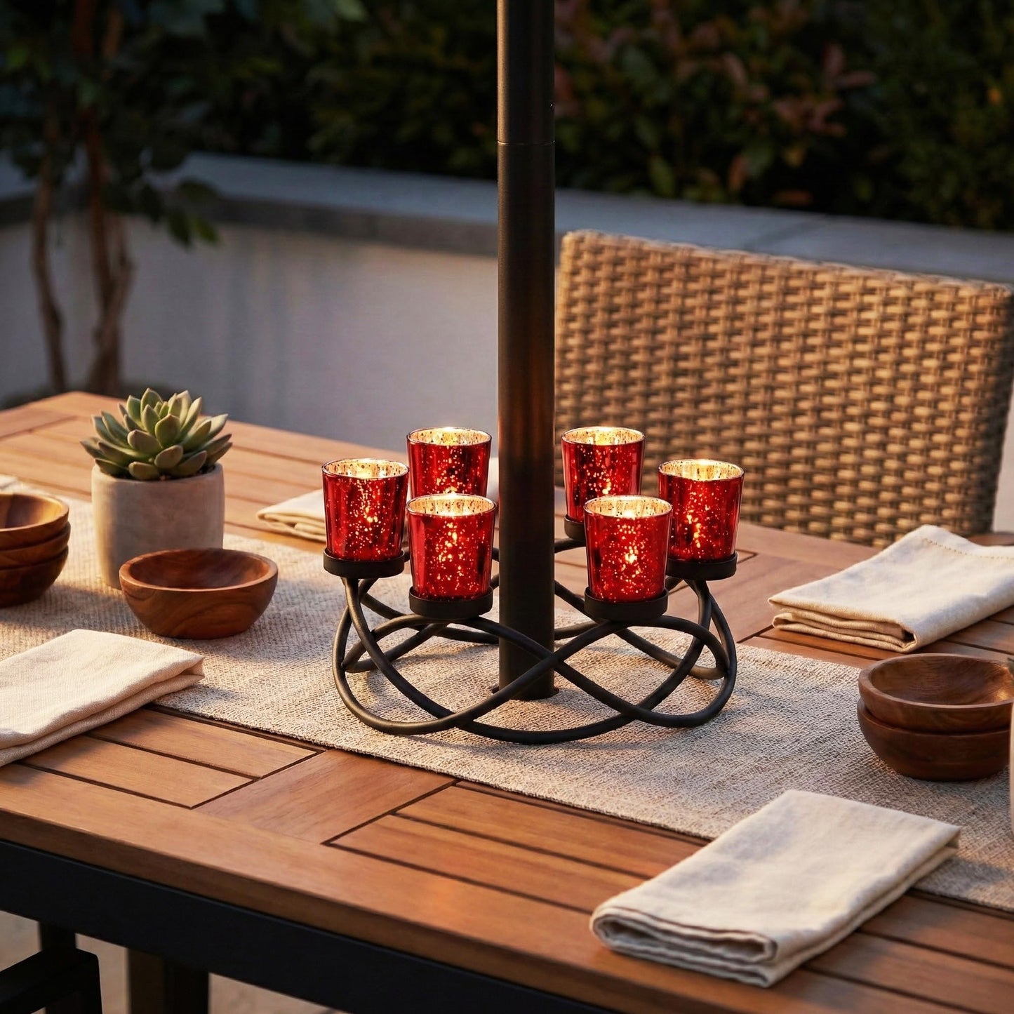 Seraphic Centerpieces for Table Decorations - Round Candle Holders for Outdoor Patio, Dining, Kitchen, Coffee & Wedding Table Decor, Black Iron Candelabra, 6 Red Glass Votive Tealight Cups