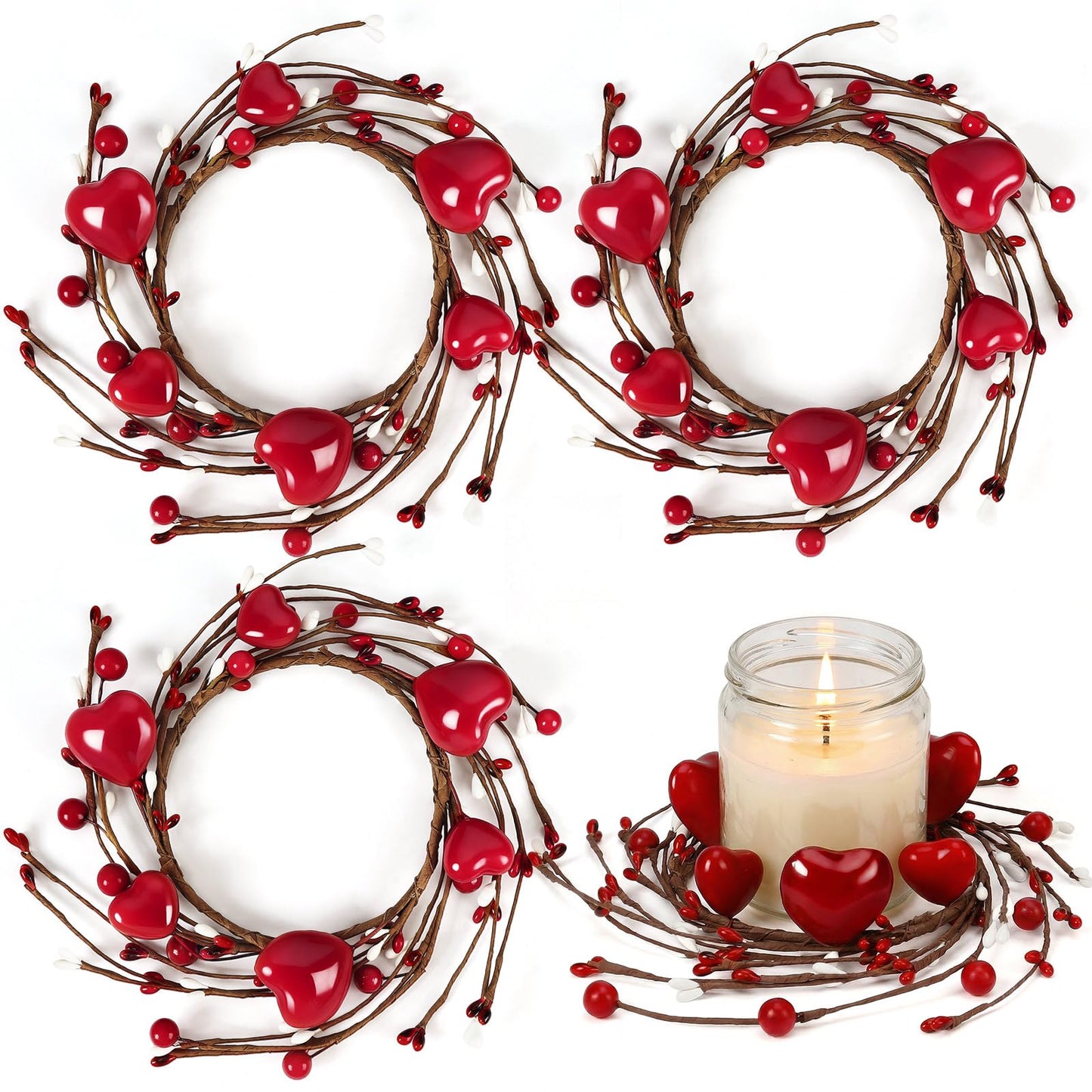 4 Pcs Valentine Candle Rings, Wreaths Red Heart and Berry Candle Holder Rings, Inner Diameter 3.2 Inch Candlestick Decoration for Valentine's Day Wedding Table Centerpieces