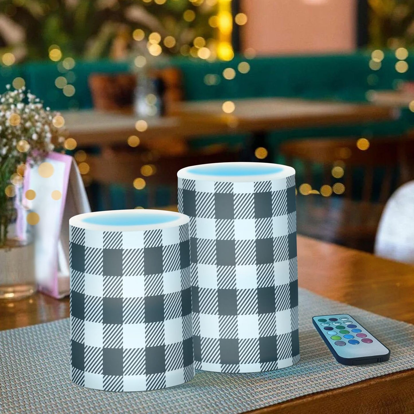 BOENLE Flickering Flameless Candles, Black White Buffalo Plaid LED Candles with Remote Timer, Set of 2 Battery Operated Candle for Valentine Wedding Birthday