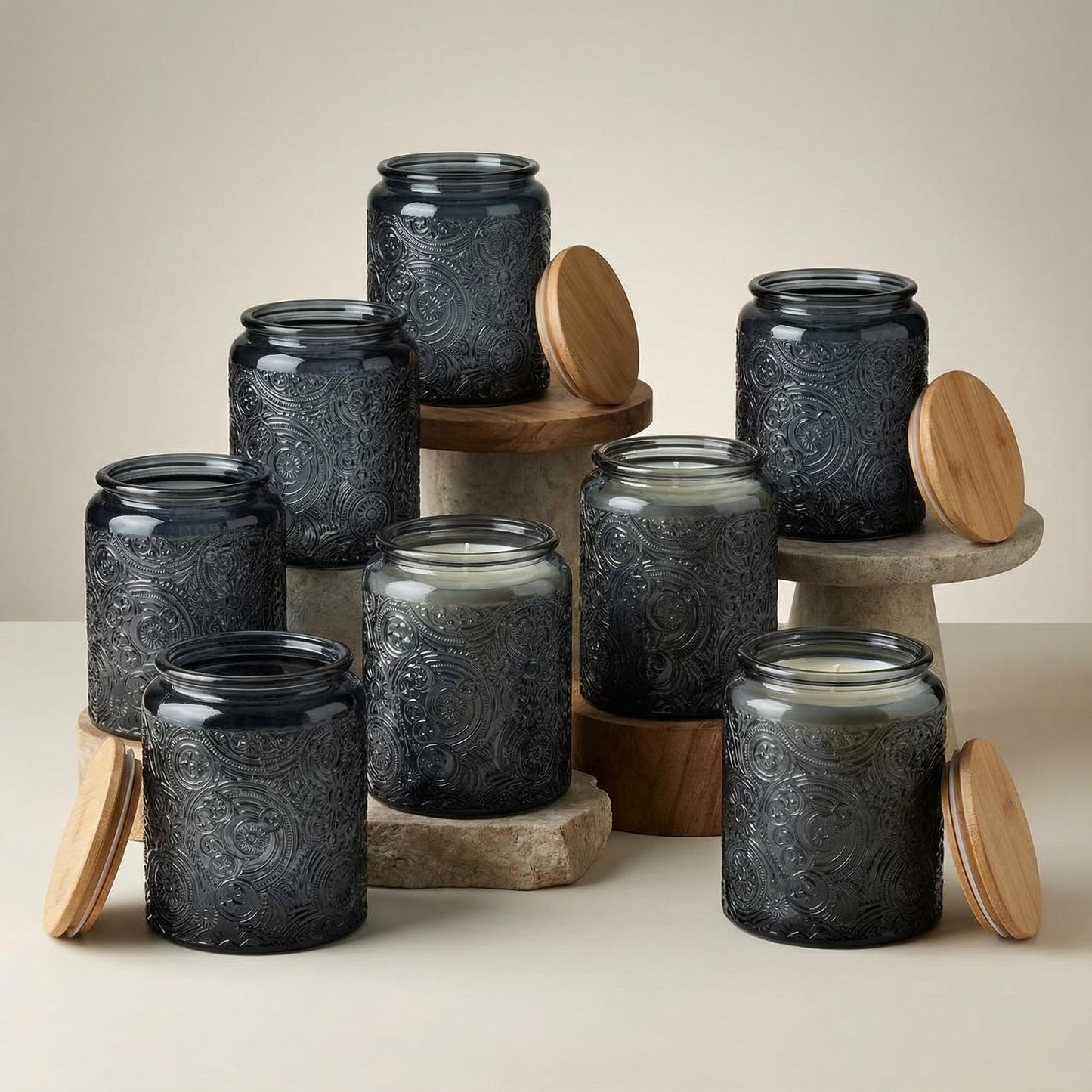 9-Pack 8oz Embossed Glass Candle Container with Bamboo Lids and Labels, Gray Candle Jars for Making Candles, Sun Moon Star Design