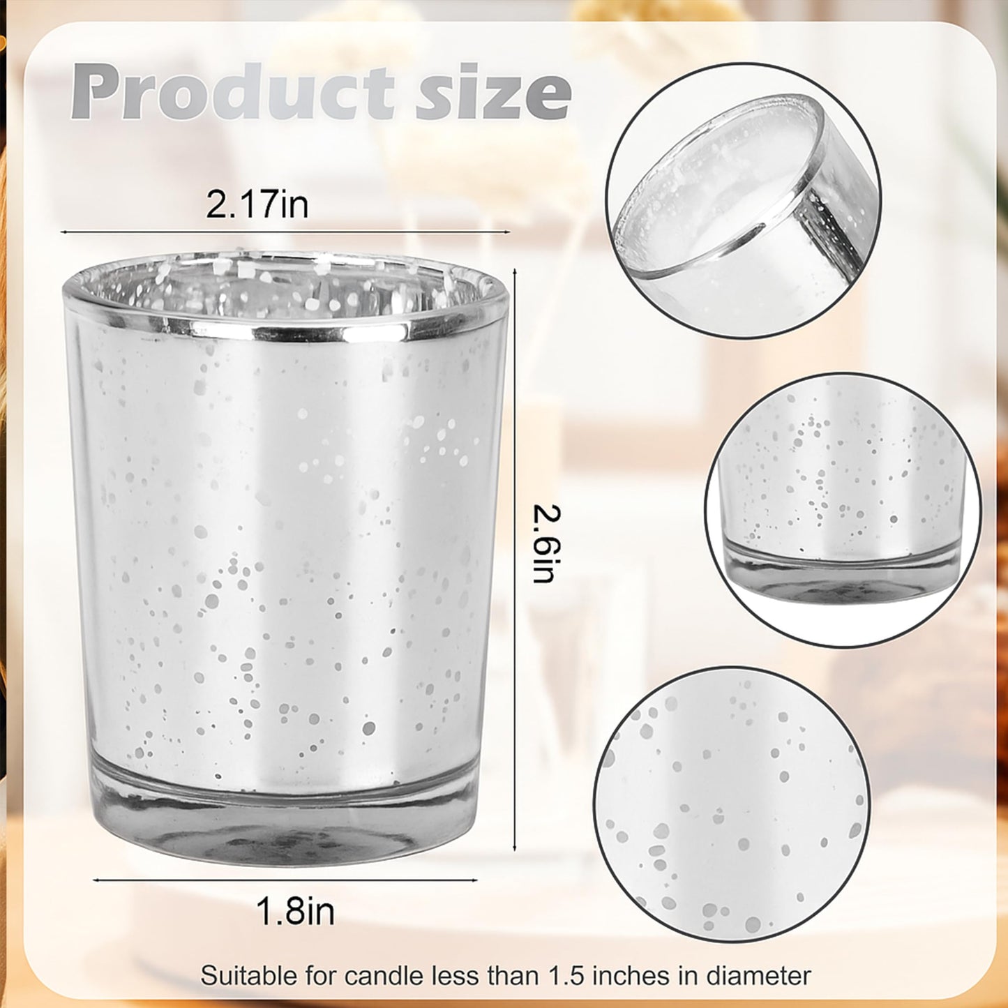 Soft Breeze 24 PCS Speckled Mercury Silver Glass Votive Candle, Unscented Silver Glass Candle, Christmas or Wedding for Table Home Birthday Anniversary Candles