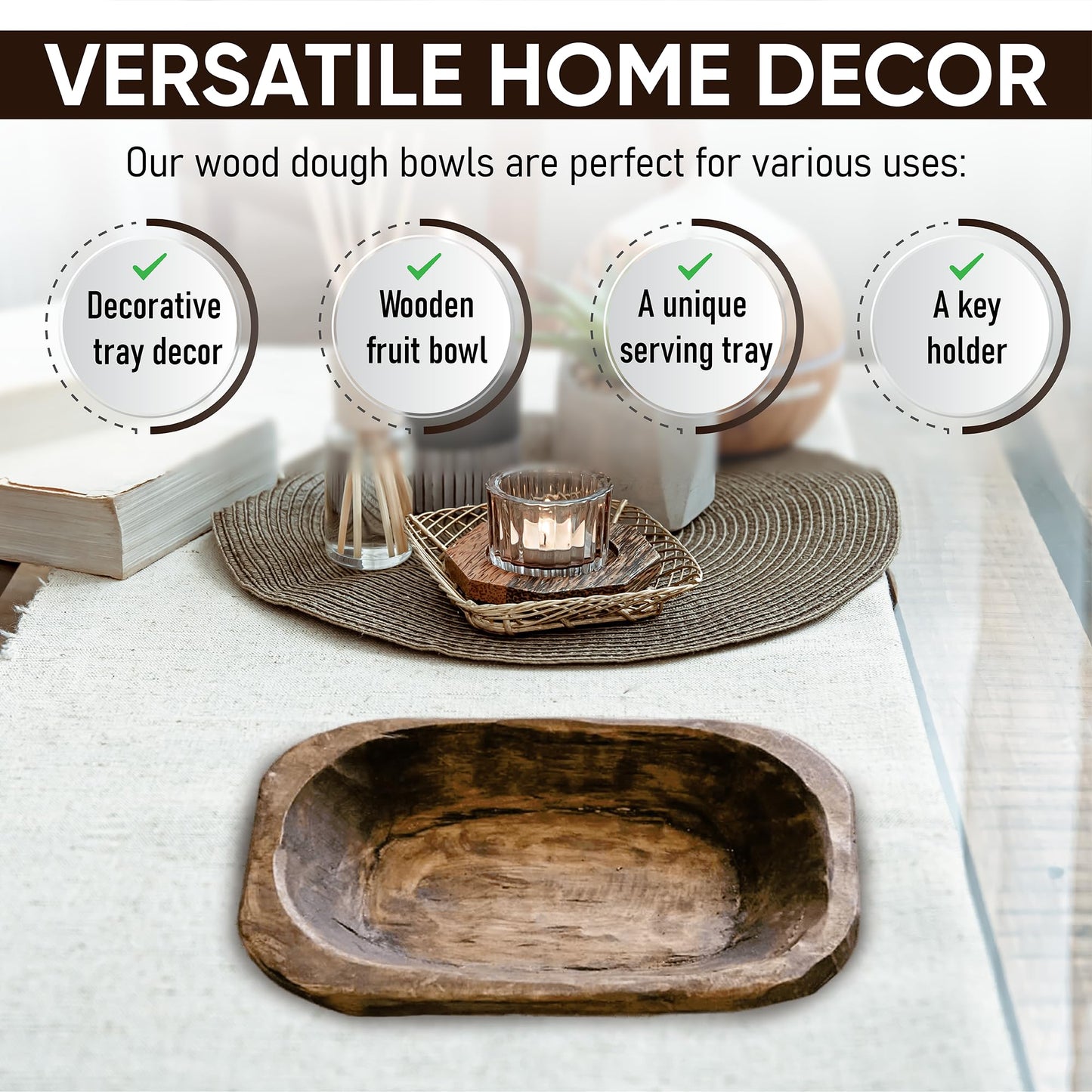 Dough Bowl Candle Company - 2-Pack 10x6 Wooden Dough Bowls for Decorative Dining Table Centerpiece, Candle Making, Versatile Wood Bread Bowl, Serving Tray, Handcrafted Rustic Home Décor